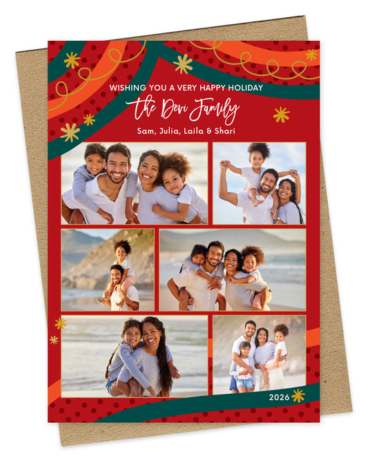 Customizable paper holiday card showcasing 6 photos and "Wishing you a Very Happy Holiday" text, framed by a festive red, green and gold holiday design. Pictured with a kraft envelope. 