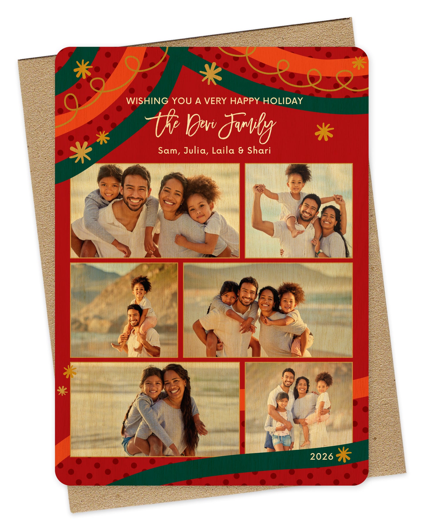 Customizable wood holiday card showcasing 6 photos and "Wishing you a Very Happy Holiday" text, framed by a festive red, green and gold holiday design. Pictured with a kraft envelope. 