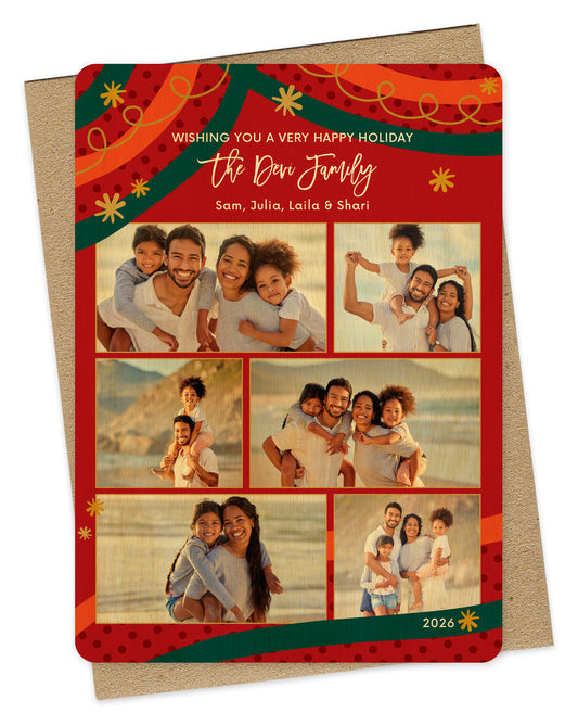 Customizable wood holiday card showcasing 6 photos and "Wishing you a Very Happy Holiday" text, framed by a festive red, green and gold holiday design. Pictured with a kraft envelope. 