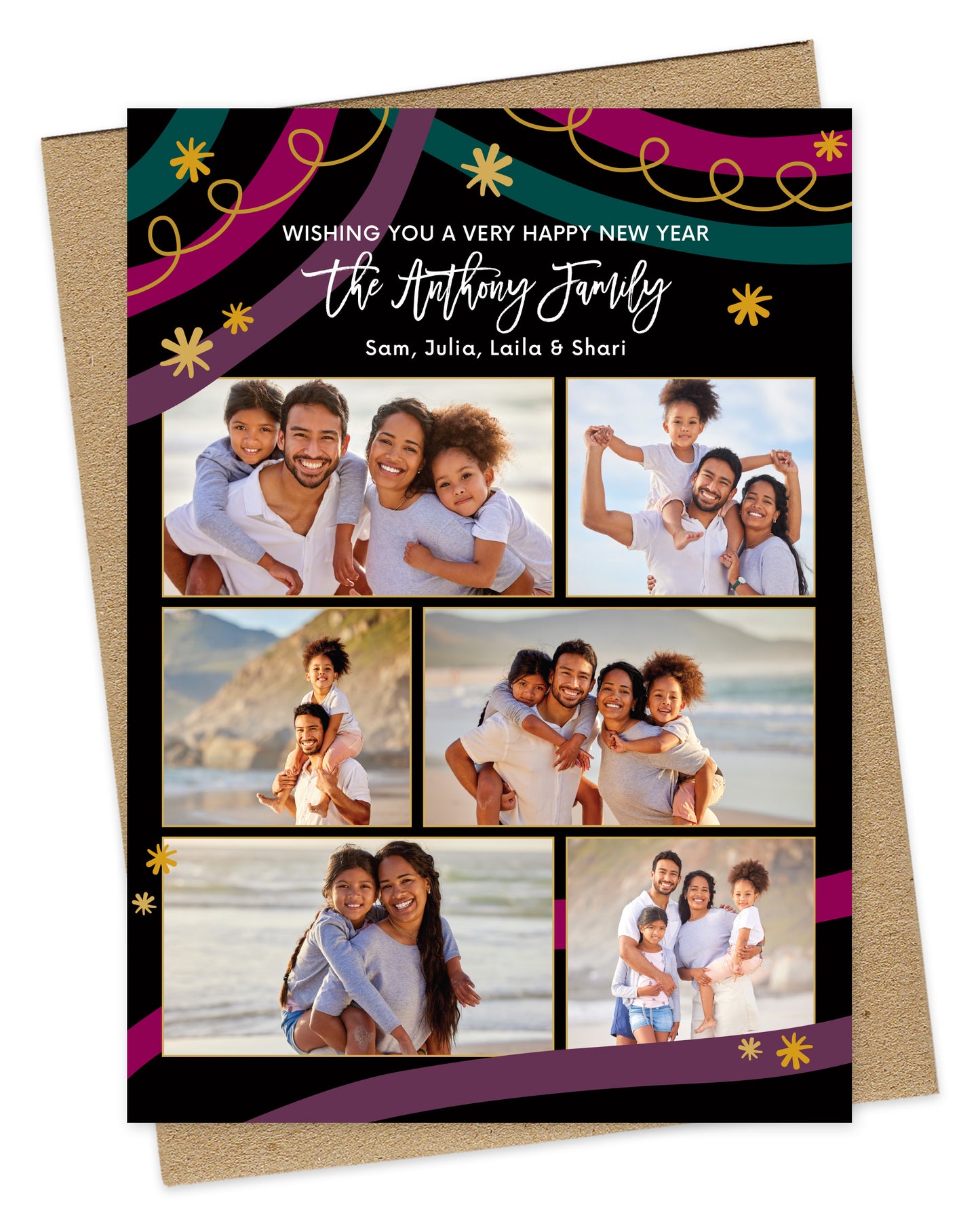 Customizable wood holiday card showcasing 6 photos and "Wishing you a Very Happy New Year" text, framed by a black background and festive design. Pictured with a kraft envelope. 