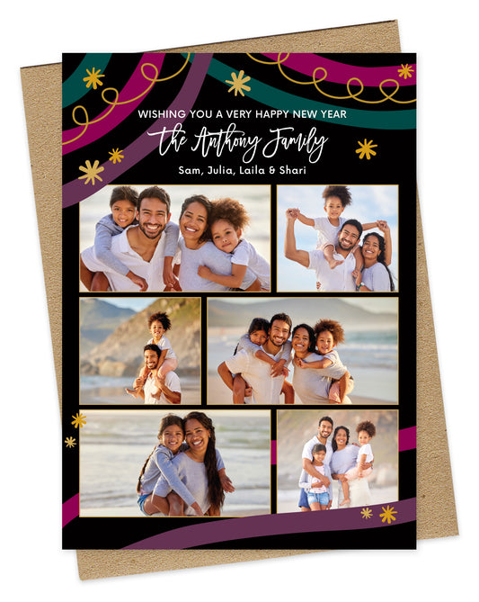 Customizable wood holiday card showcasing 6 photos and "Wishing you a Very Happy New Year" text, framed by a black background and festive design. Pictured with a kraft envelope. 