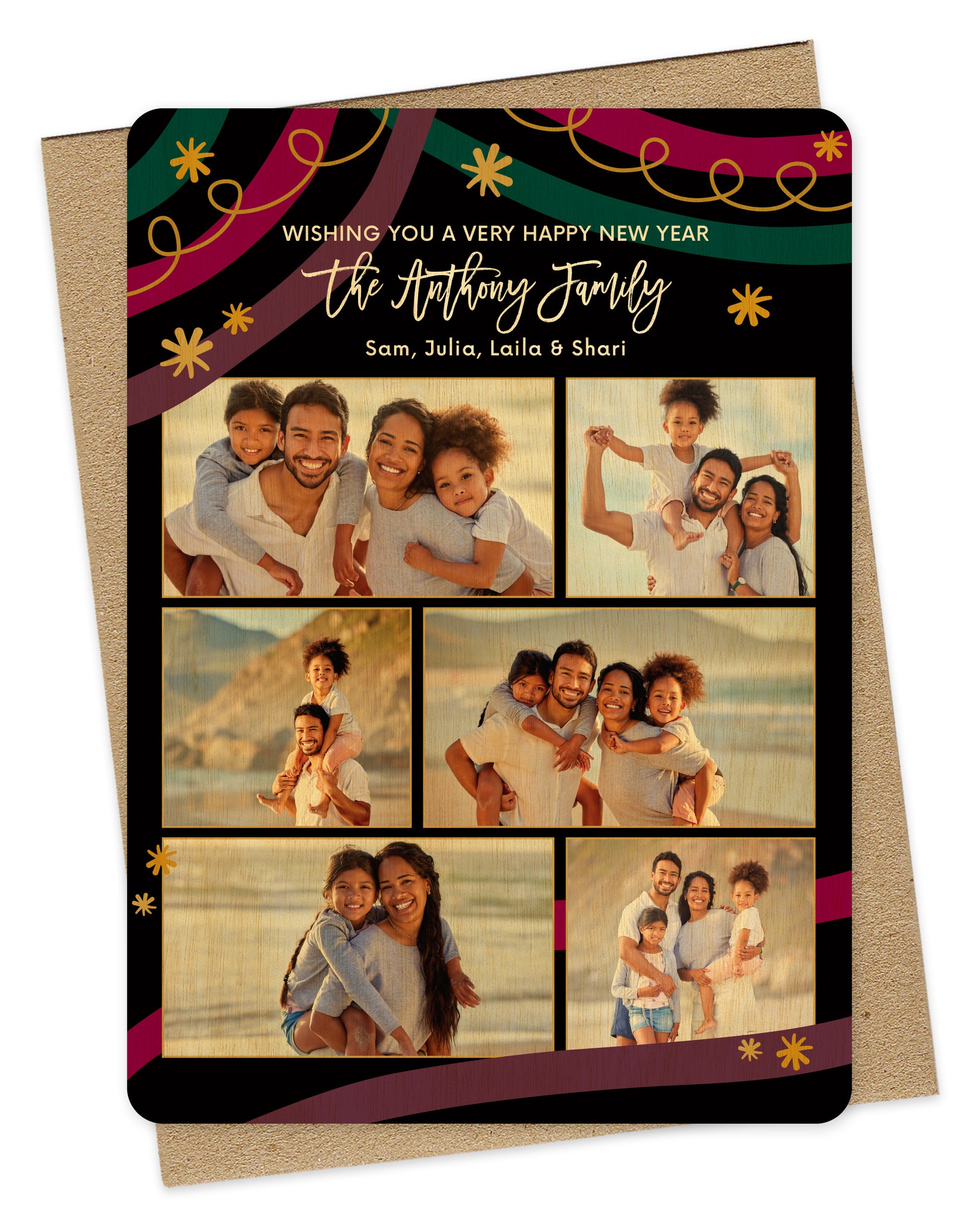 Customizable wood holiday card showcasing 6 photos and "Wishing you a Very Happy New Year" text, framed by a black background and festive design. Pictured with a kraft envelope.