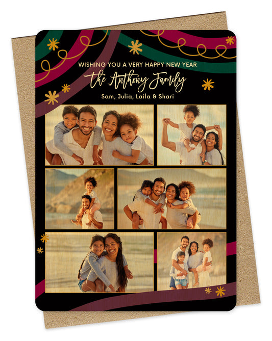 Customizable wood holiday card showcasing 6 photos and "Wishing you a Very Happy New Year" text, framed by a black background and festive design. Pictured with a kraft envelope.