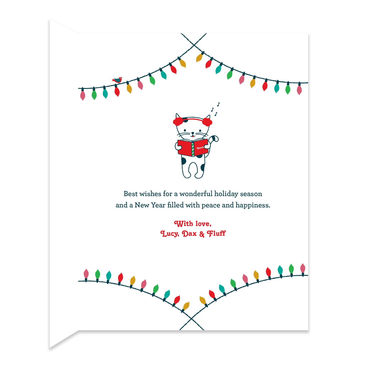 Inside of folded holiday card with coordinating caroling cat and Christmas tree lights design and a personal greeting.