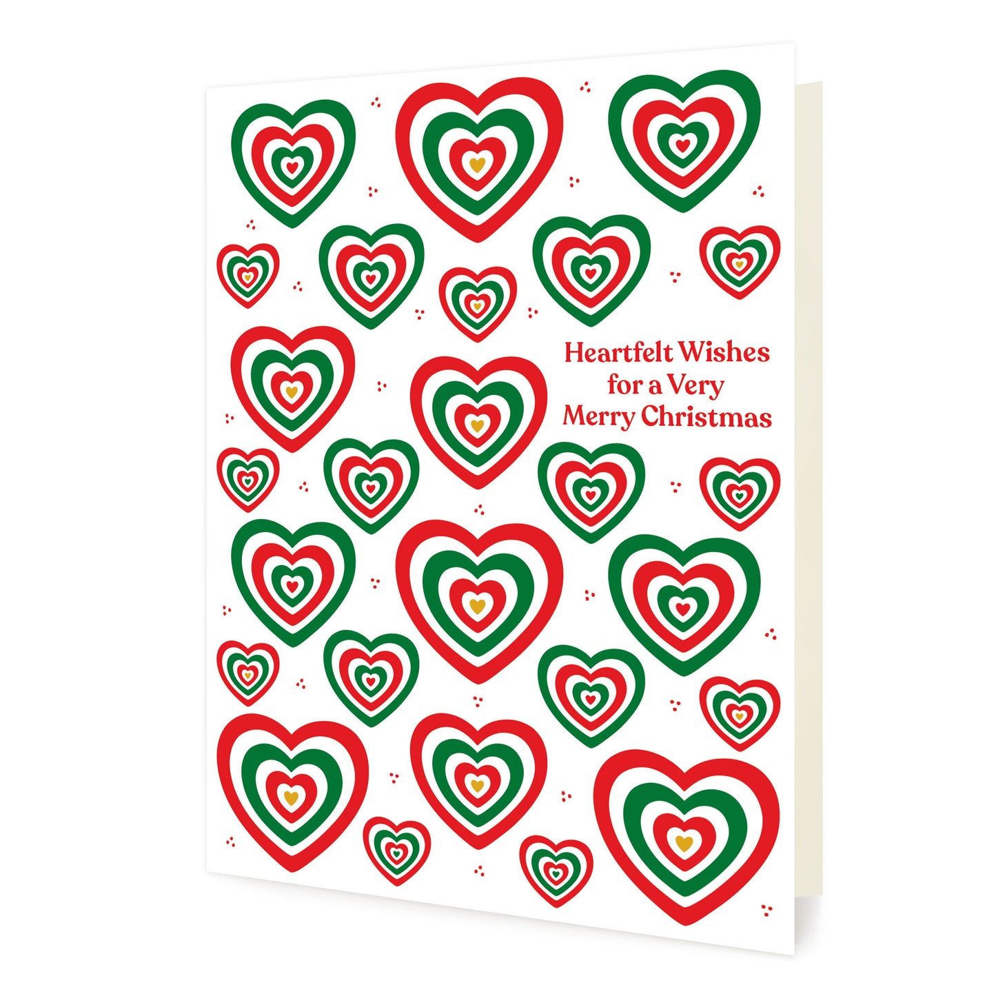 Front of folded holiday card adorned with abundant red, green and gold hearts and “Heartfelt Wishes for a Very Merry Christmas” text.