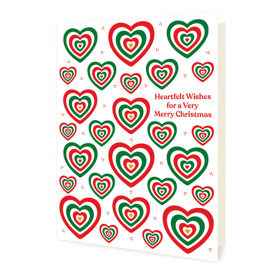 Front of folded holiday card adorned with abundant red, green and gold hearts and “Heartfelt Wishes for a Very Merry Christmas” text.