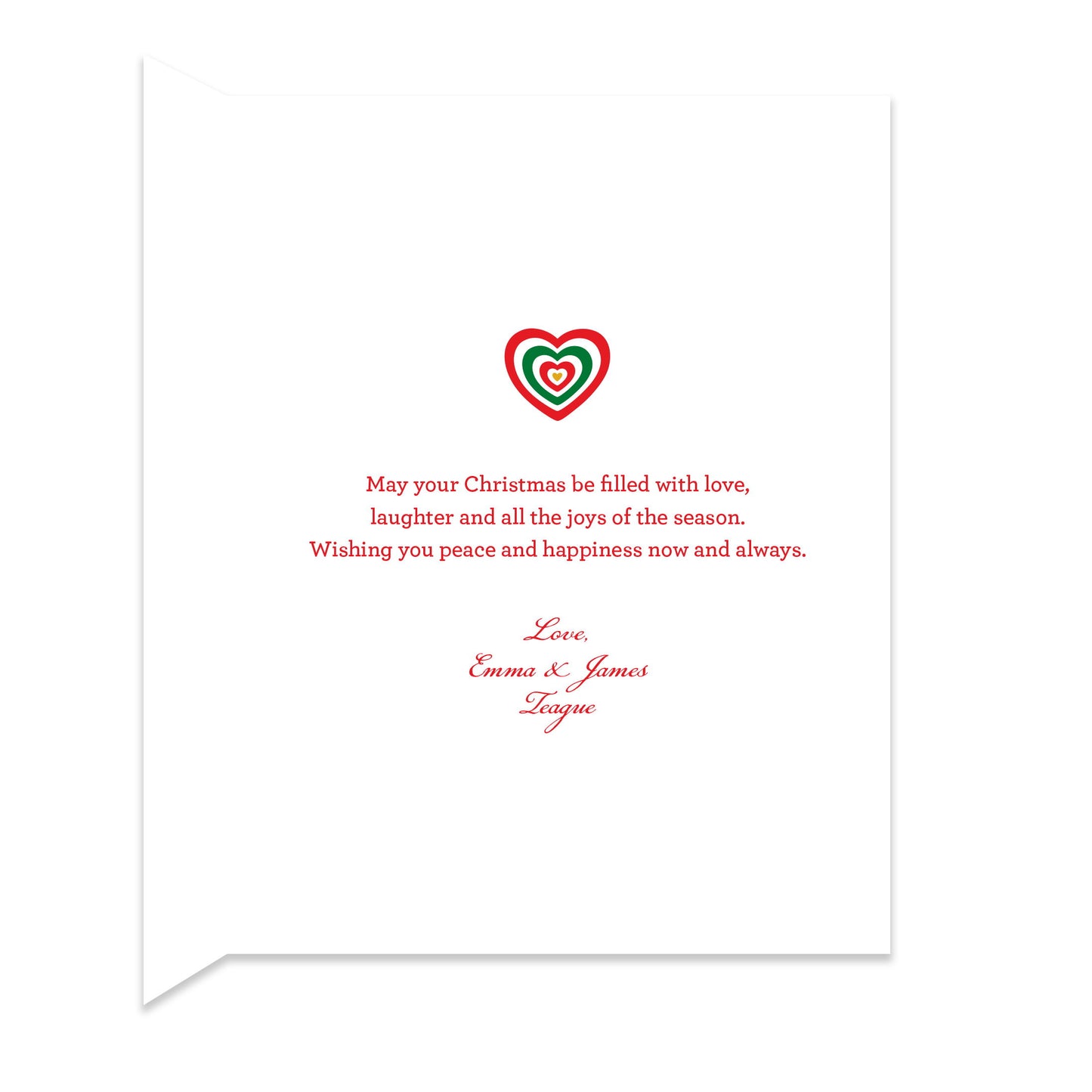 Inside of folded holiday card with coordinating heart design and personal greeting.