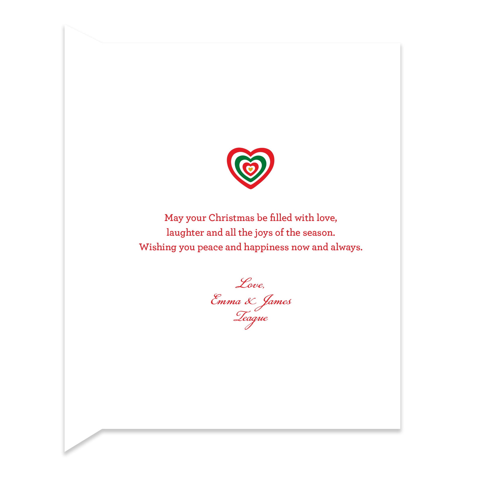 Inside of folded holiday card with coordinating heart design and personal greeting.