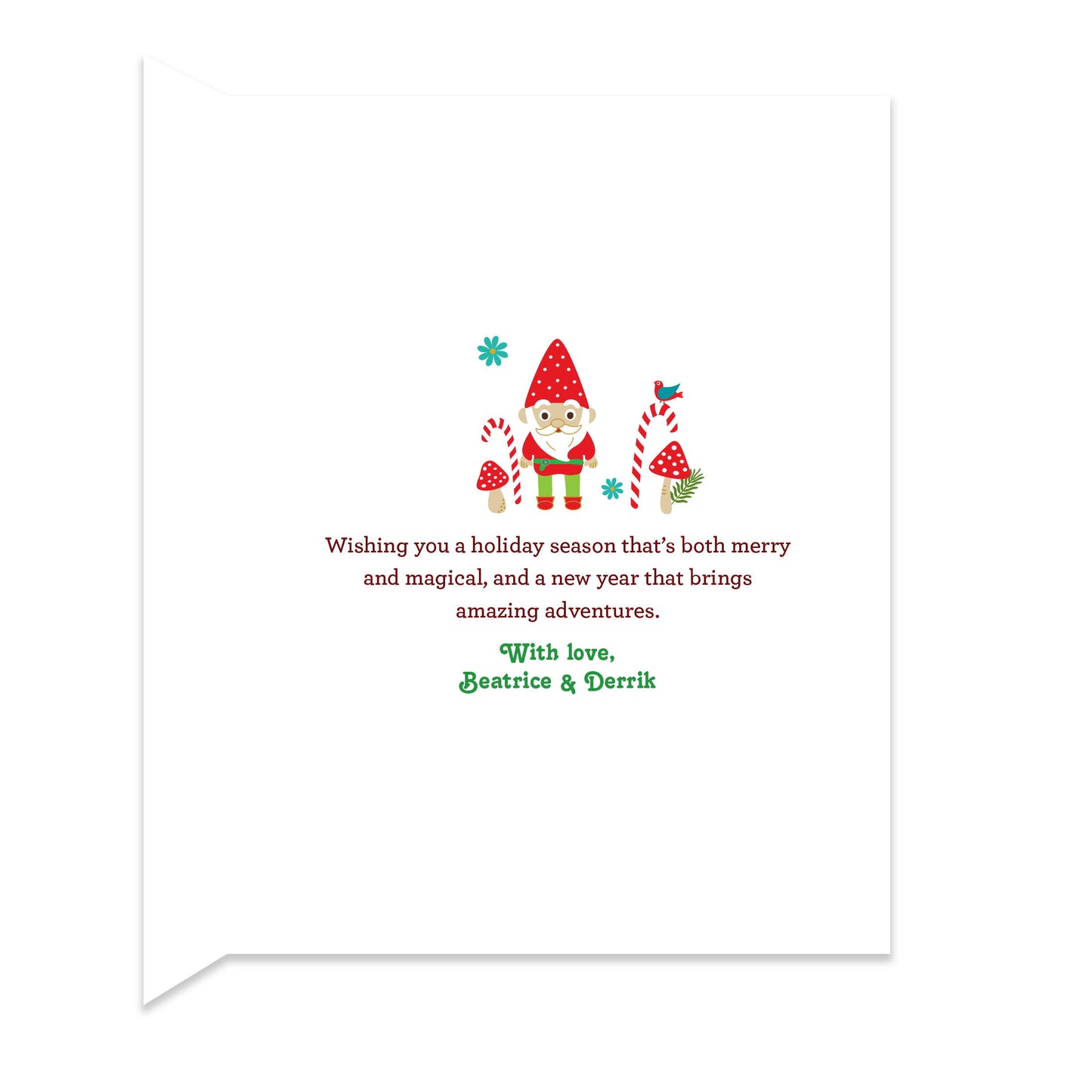 Inside of folded holiday card with coordinating woodland gnome design and personal greeting.