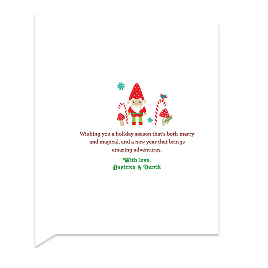 Inside of folded holiday card with coordinating woodland gnome design and personal greeting.