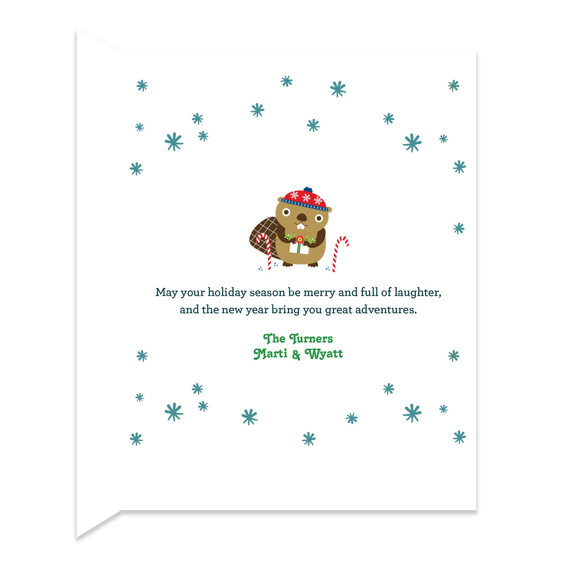 Inside of folded holiday card with coordinating snowflake and festive beaver design and a personal greeting.
