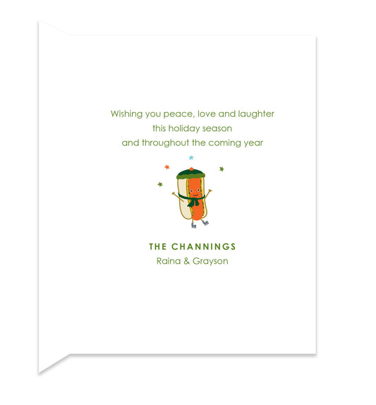 Inside of folded card with coordinating hot dog design and personal greeting.