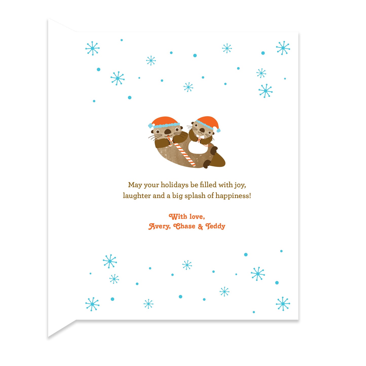 Inside of folded holiday card with coordinating snowflake and otter family design and personal greeting.