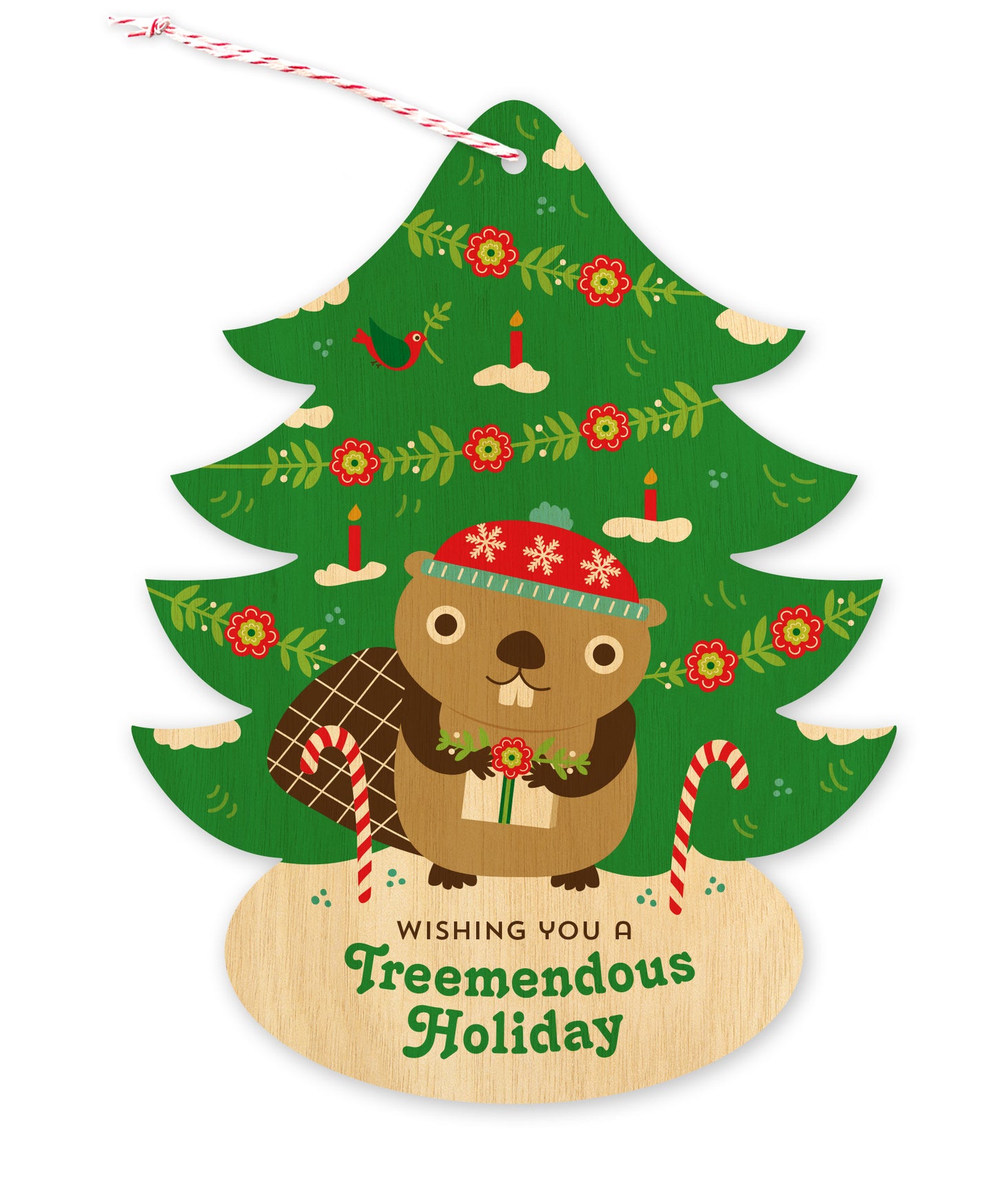 Front of tree-shaped paper holiday ornament card with a beaver holding a gift in front of a festive Christmas tree and "Wishing you a Treemendous Holiday" text on a printed birch wood grain background.