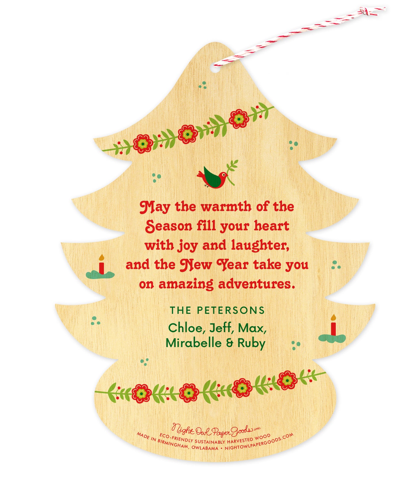 Back of tree-shaped wood ornament card with corresponding designs and a personal message.