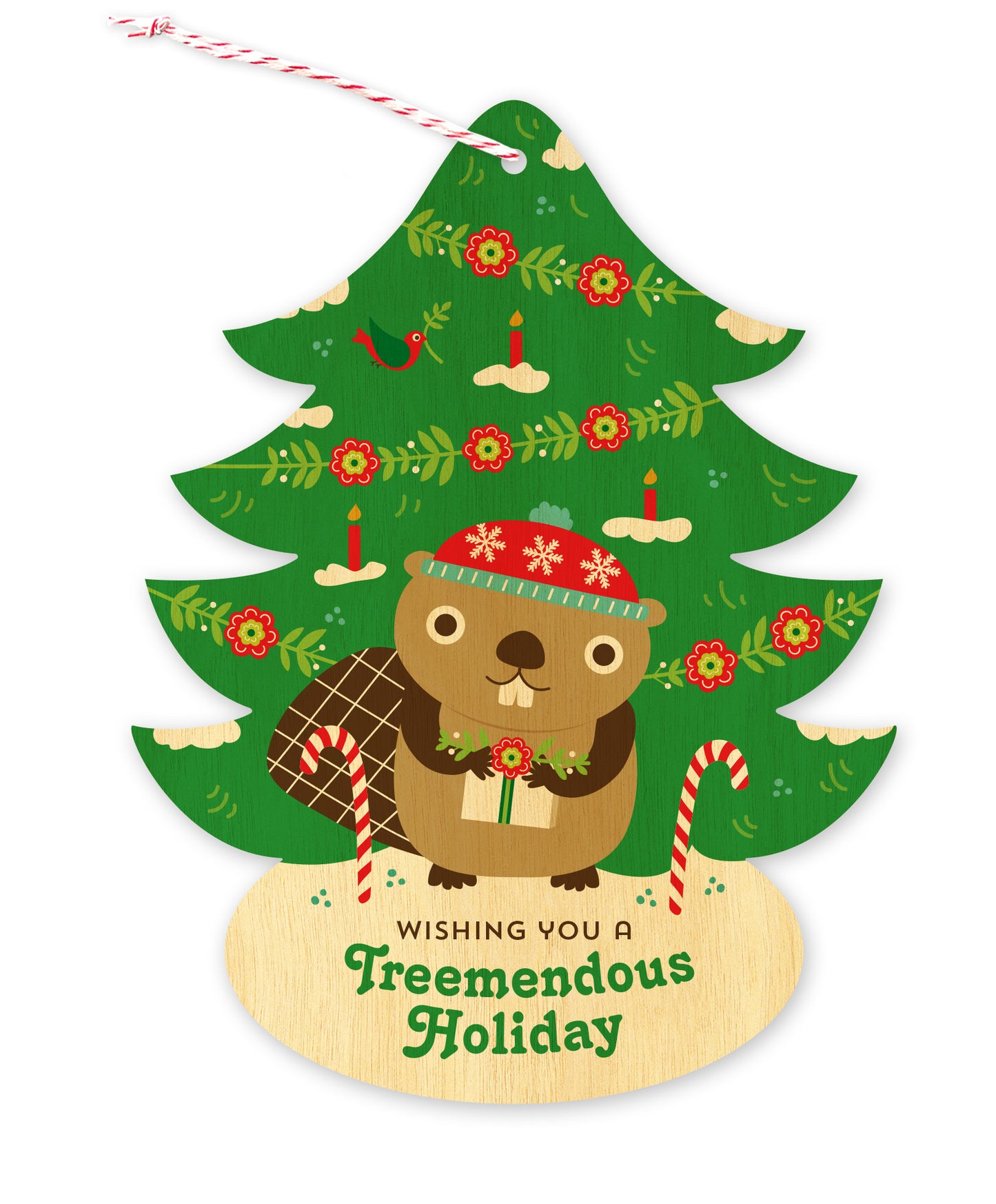 Front of tree-shaped wood holiday ornament card with a beaver holding a gift in front of a festive Christmas tree and "Wishing you a Treemendous Holiday" text.