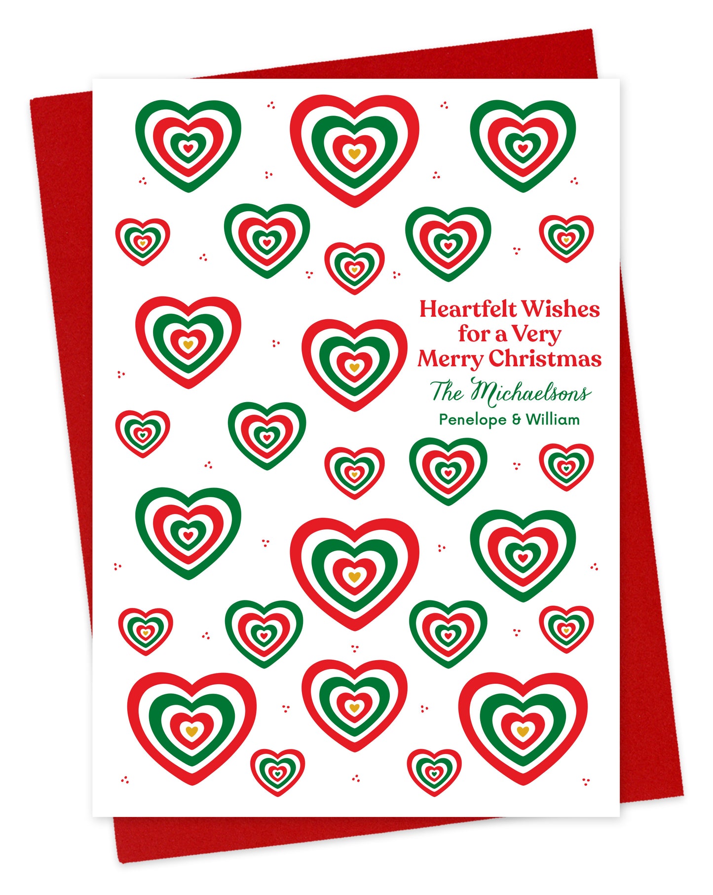 Customizable paper Christmas card with white background and red and green heart patterns. Add your own personal greeting.