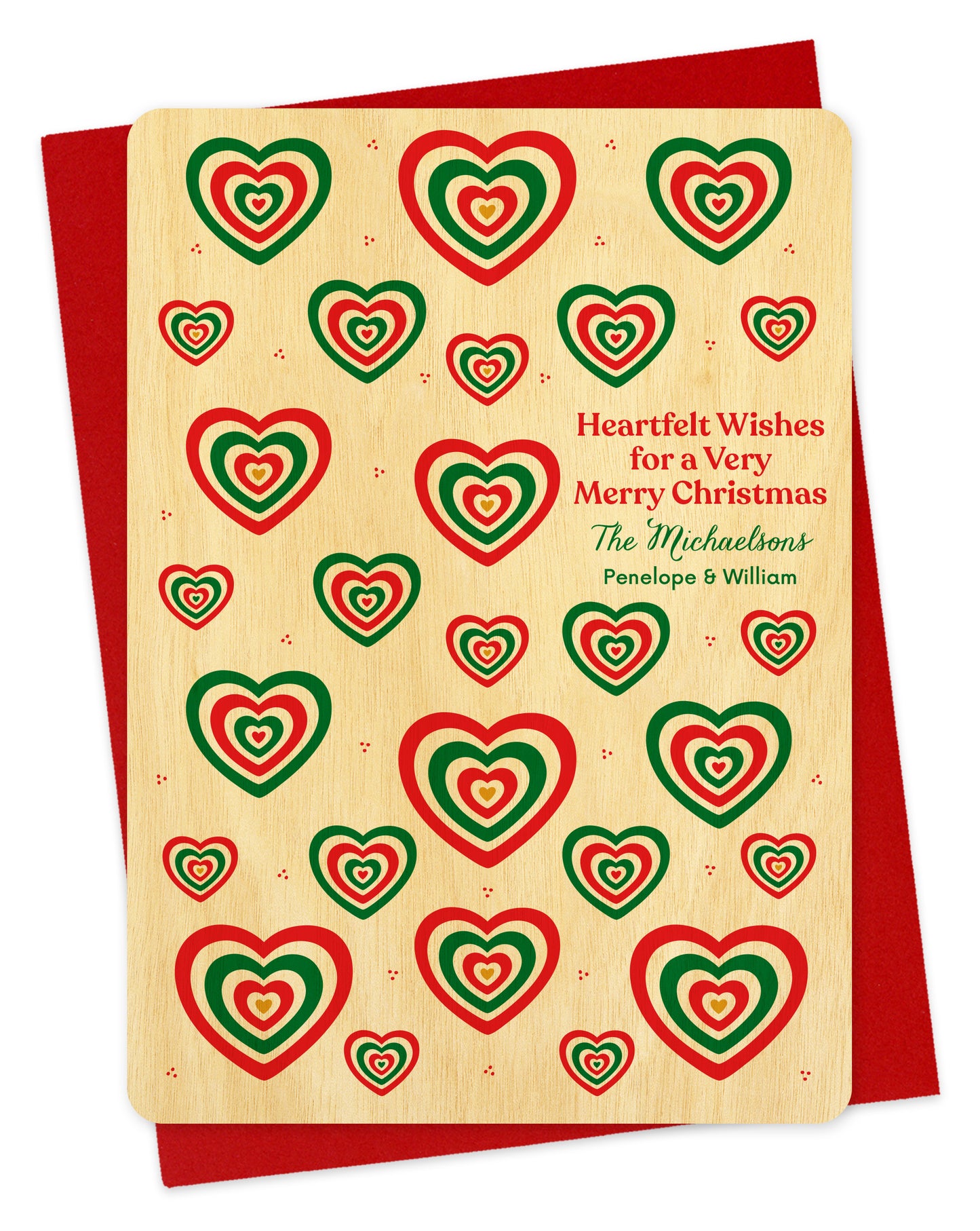 Customizable birch wood Christmas card with red and green heart patterns. Add your own personal greeting.