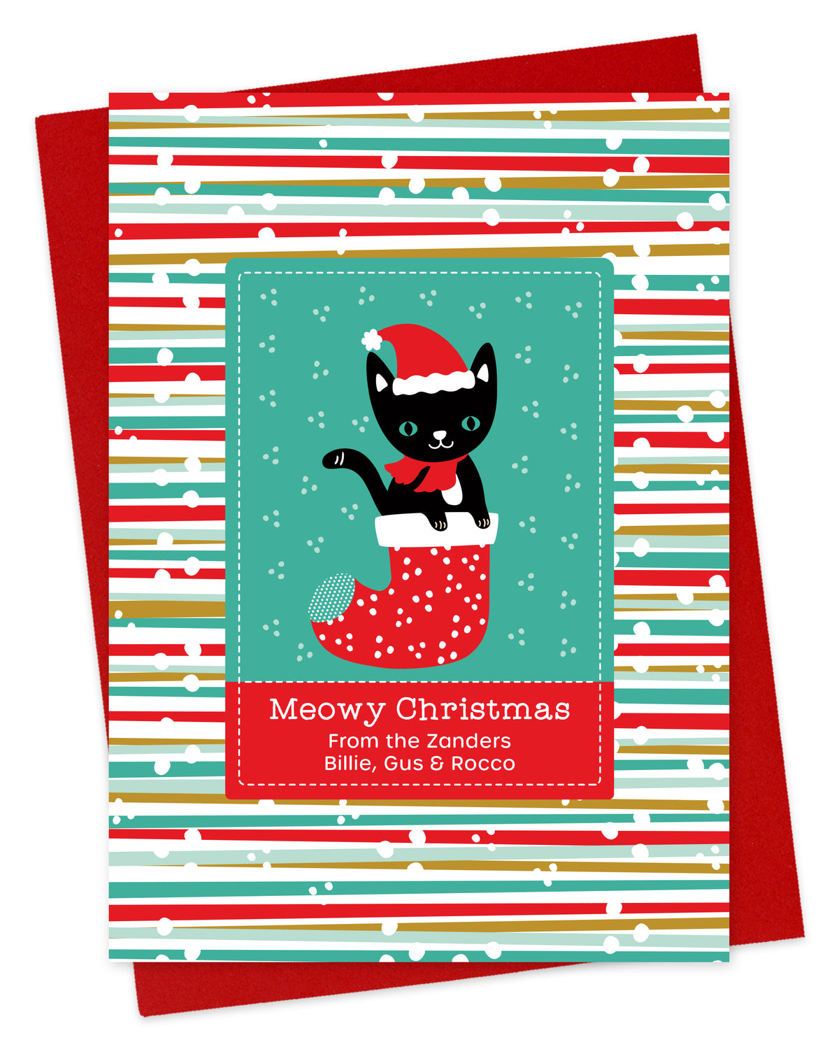 Customizable paper holiday card featuring a black cat wearing a santa hat popping out of a stocking bordered by a festive backdrop, a "Meowy Christmas" sentiment and a personal greeting. Shown with a red envelope.