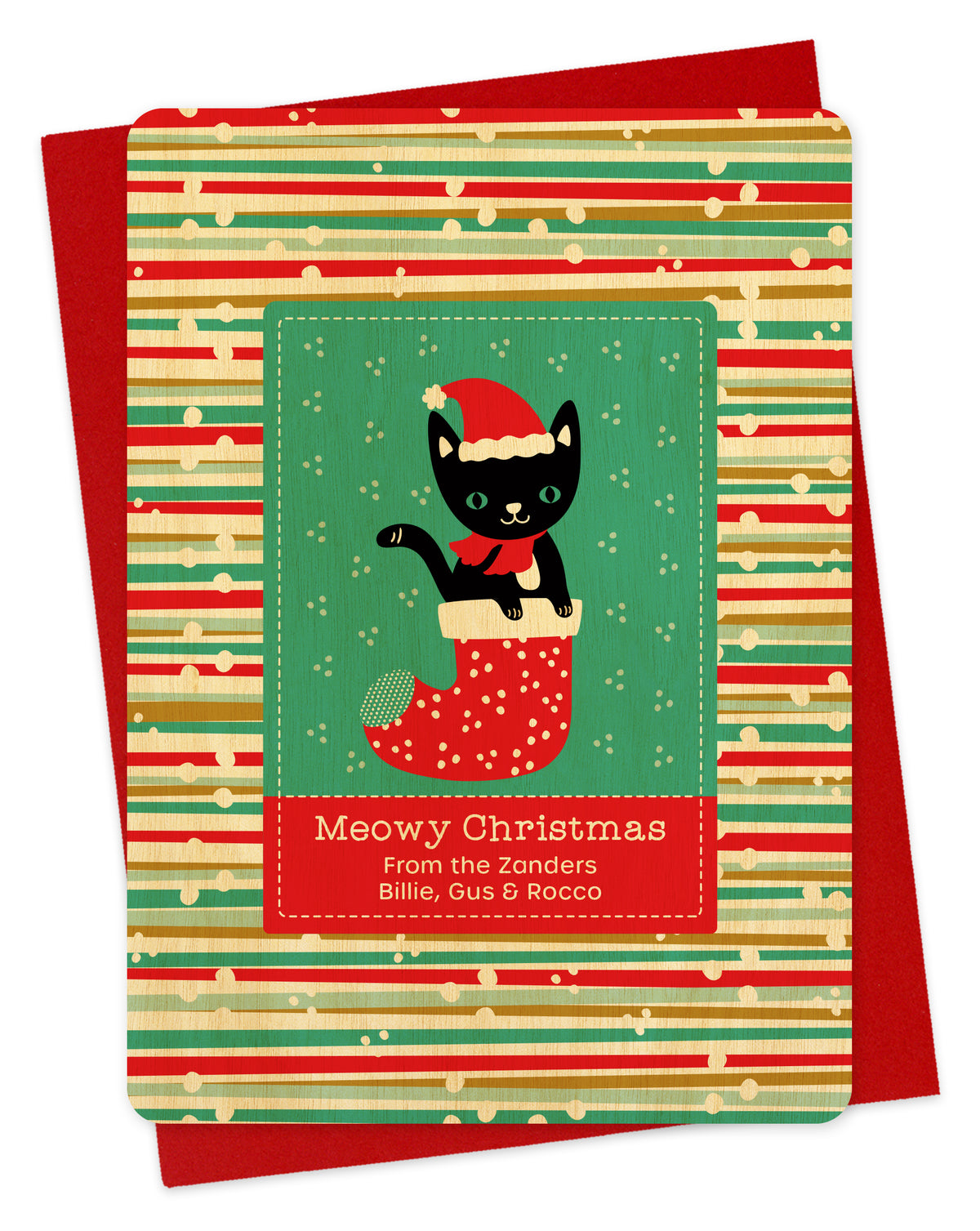 Customizable birch wood holiday card featuring a black cat wearing a santa hat popping out of a stocking bordered by a festive backdrop, a "Meowy Christmas" sentiment and a personal greeting. Shown with a red envelope.