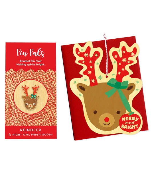 Reindeer wood ornament card and reindeer enamel pin