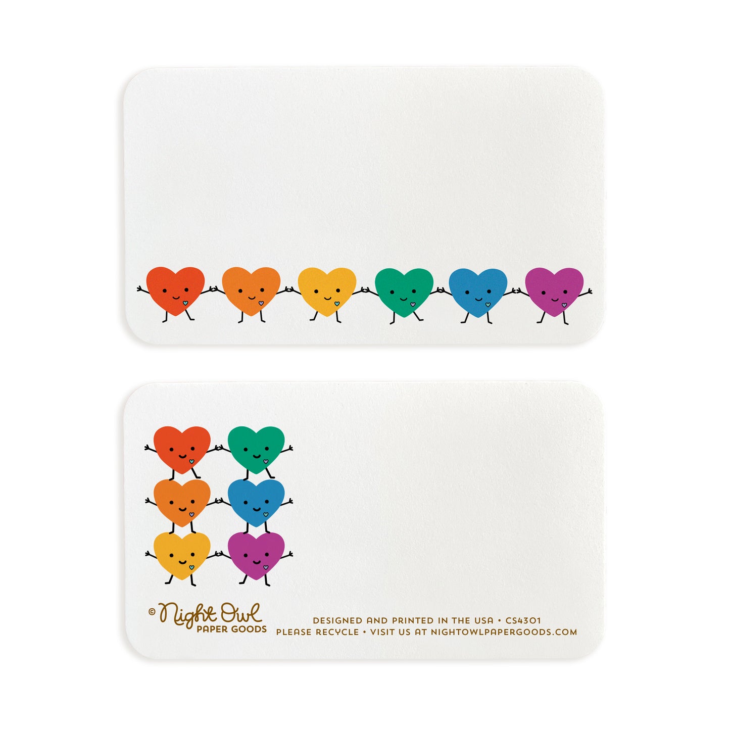 A Happy Hearts mini note card shown front and back. The front features a row of smiling rainbow hearts holding hands with space for a handwritten note, while the back features a coordinating rainbow hears design and small text at the bottom that reads "Night Owl Paper Goods - Designed and printed in the USA - Please recycle - Visit us at nightowlpapergoods.com." Both sides include space for a handwritten note.