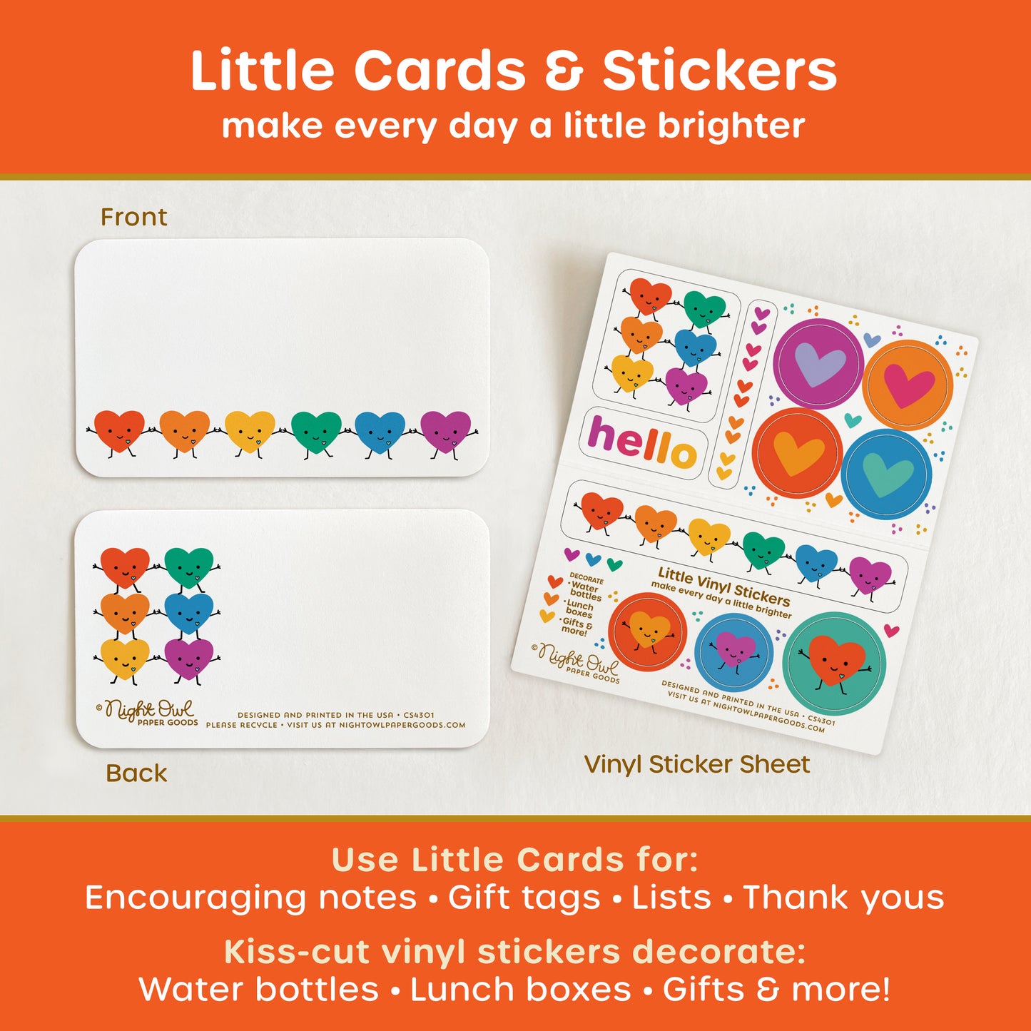 A product display for 'Little Cards & Stickers' featuring smiling rainbow heart mini note cards shown front and back and a coordinating kiss-cut vinyl sticker sheet with colorful designs. The text surrounding the image reads "Little Cards & Stickers - make every day a little brighter - Use Little Cards for: Encouraging notes, gift tags, lists, thank yous - Kiss-cut vinyl stickers decorate: Water bottles, lunch boxes, gifts & more!"
