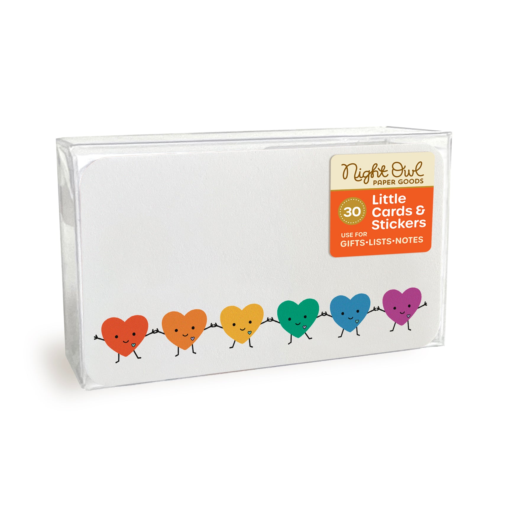A clear plastic box displaying Happy Hearts mini note cards with rounded corners, featuring a row of smiling rainbow hearts holding hands. The box label reads “Night Owl Paper Goods - 30 - Little Cards & Stickers - Use for Gifts, Lists, Notes.”