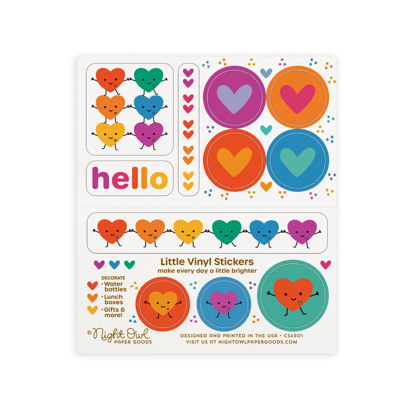 A sheet of colorful heart and rainbow-themed vinyl stickers on a white background. The stickers include hearts and smiling hearts in red, orange, yellow, green, blue and purple, a word sticker that says "hello" in multicolor letters. Text on the sheet reads "Little Vinyl Stickers - make every day a little brighter - Decorate water bottles, lunch boxes, gifts & more - Night Owl Paper Goods - Designed and printed in the USA"