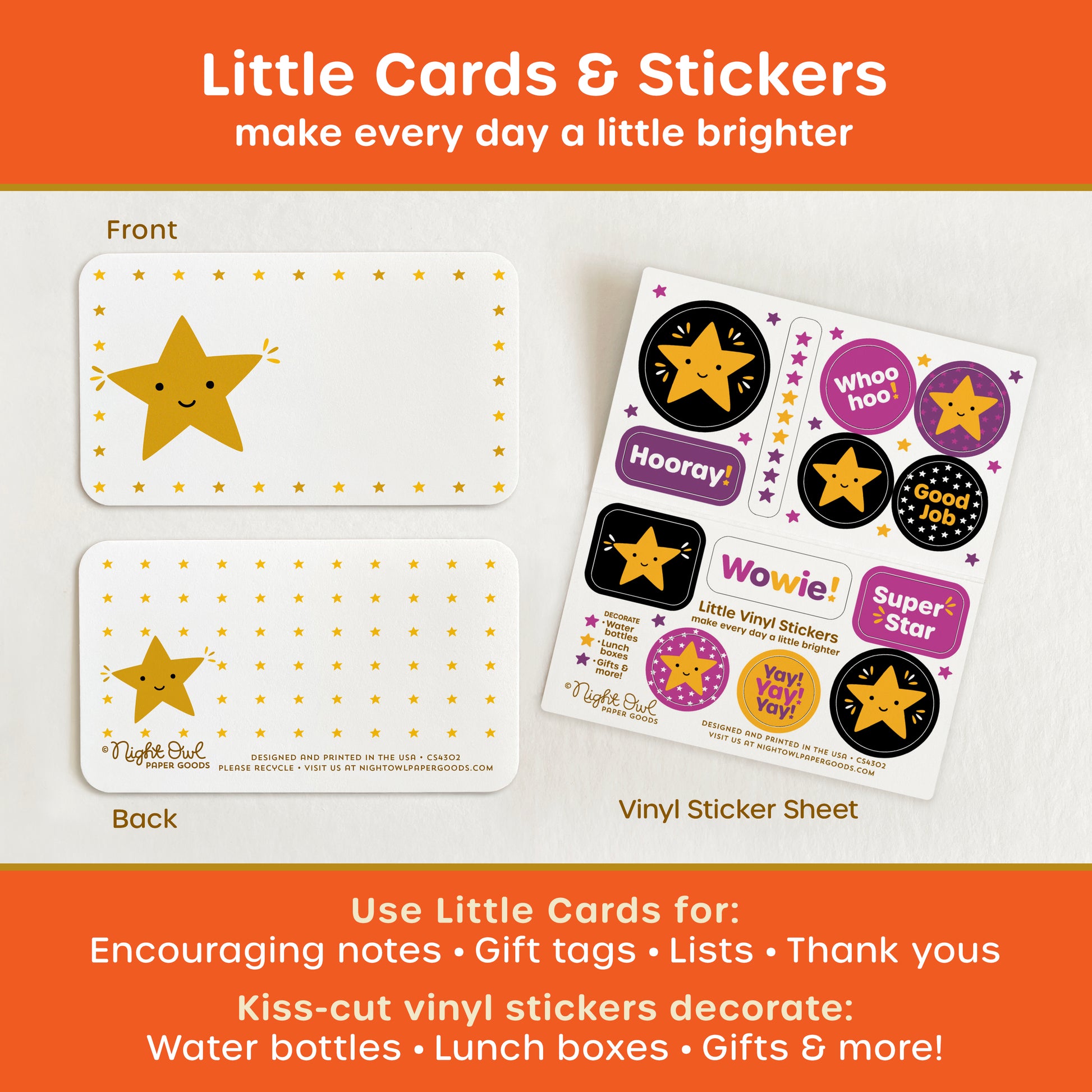 A product display for “Little Cards & Stickers” featuring cute Gold Star mini note cards shown front and back and a coordinating kiss-cut vinyl sticker sheet with smiling golden stars and colorful encouraging messages. The text surrounding the image reads “Little Cards & Stickers - make every day a little brighter - Use Little Cards for: Encouraging notes, gift tags, lists, thank yous - Kiss-cut vinyl stickers decorate: Water bottles, lunch boxes, gifts & more!”