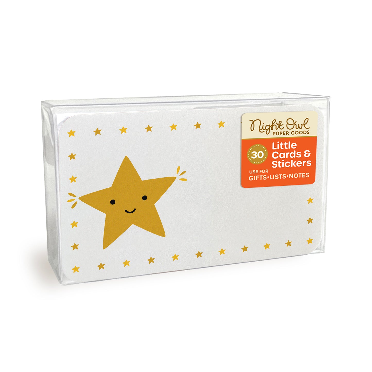 A clear plastic box displaying a small white note card with rounded corners featuring a cute smiling gold star surrounded by a border of small gold stars. The box label reads “Night Owl Paper Goods - 30 - Little Cards & Stickers - Use for Gifts, Lists, Notes.”