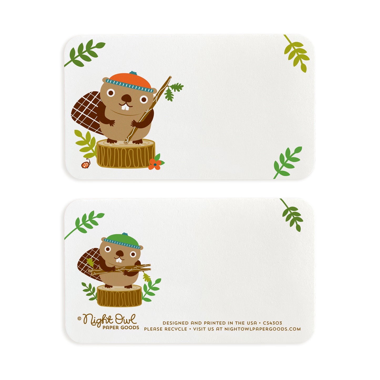 A small white Beaver note card shown front and back. The front features a cute beaver wearing an orange beanie on a tree stump, while the back has a coordinating beaver design and small text at the bottom that reads "Night Owl Paper Goods - Designed and printed in the USA - Please recycle - Visit us at nightowlpapergoods.com." Both sides include space for a handwritten note.