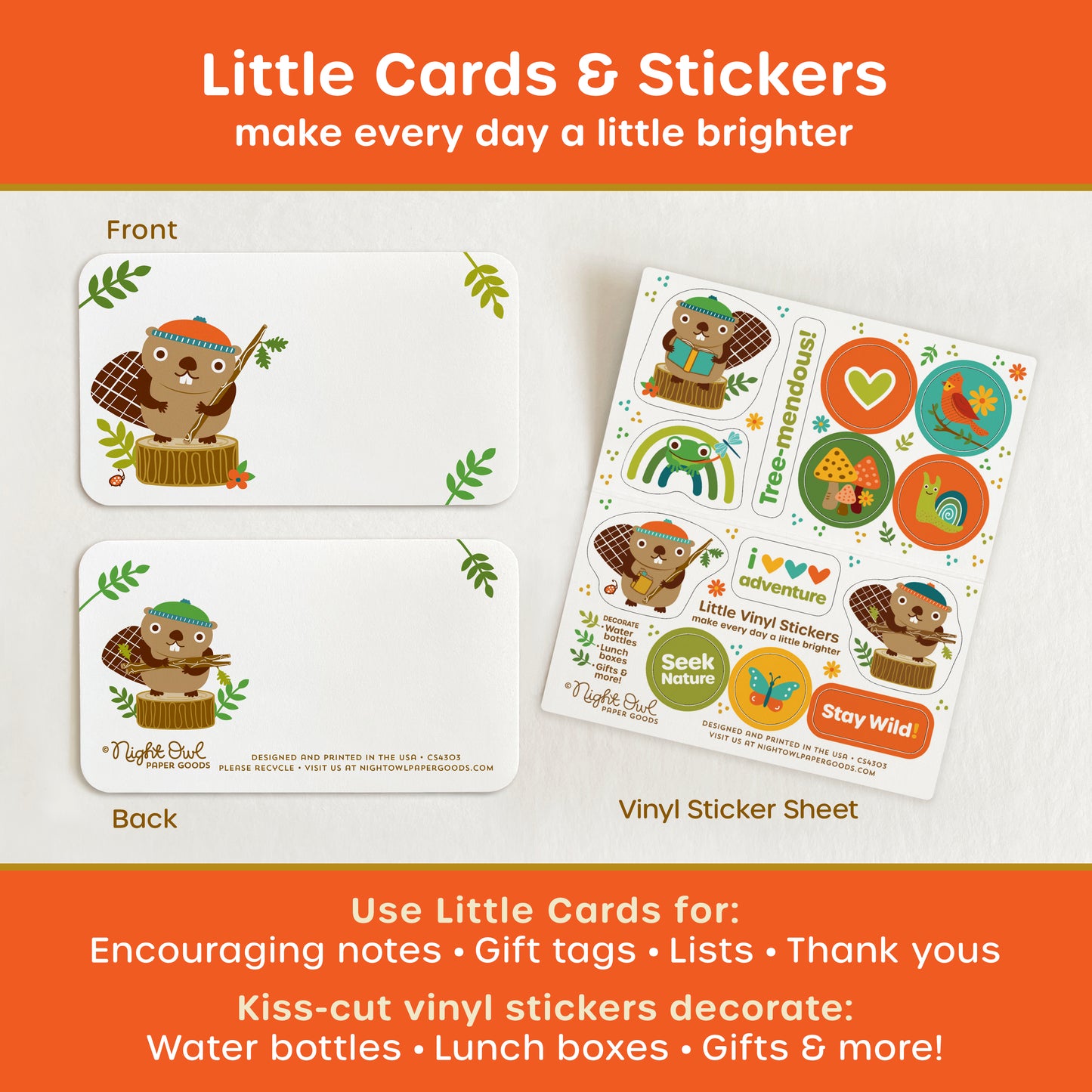 A product display for 'Little Cards & Stickers' featuring cute beaver mini note cards shown front and back and a coordinating kiss-cut vinyl sticker sheet with various woodland animals and nature designs. The text surrounding the image reads "Little Cards & Stickers - make every day a little brighter - Use Little Cards for: Encouraging notes, gift tags, lists, thank yous - Kiss-cut vinyl stickers decorate: Water bottles, lunch boxes, gifts & more!"