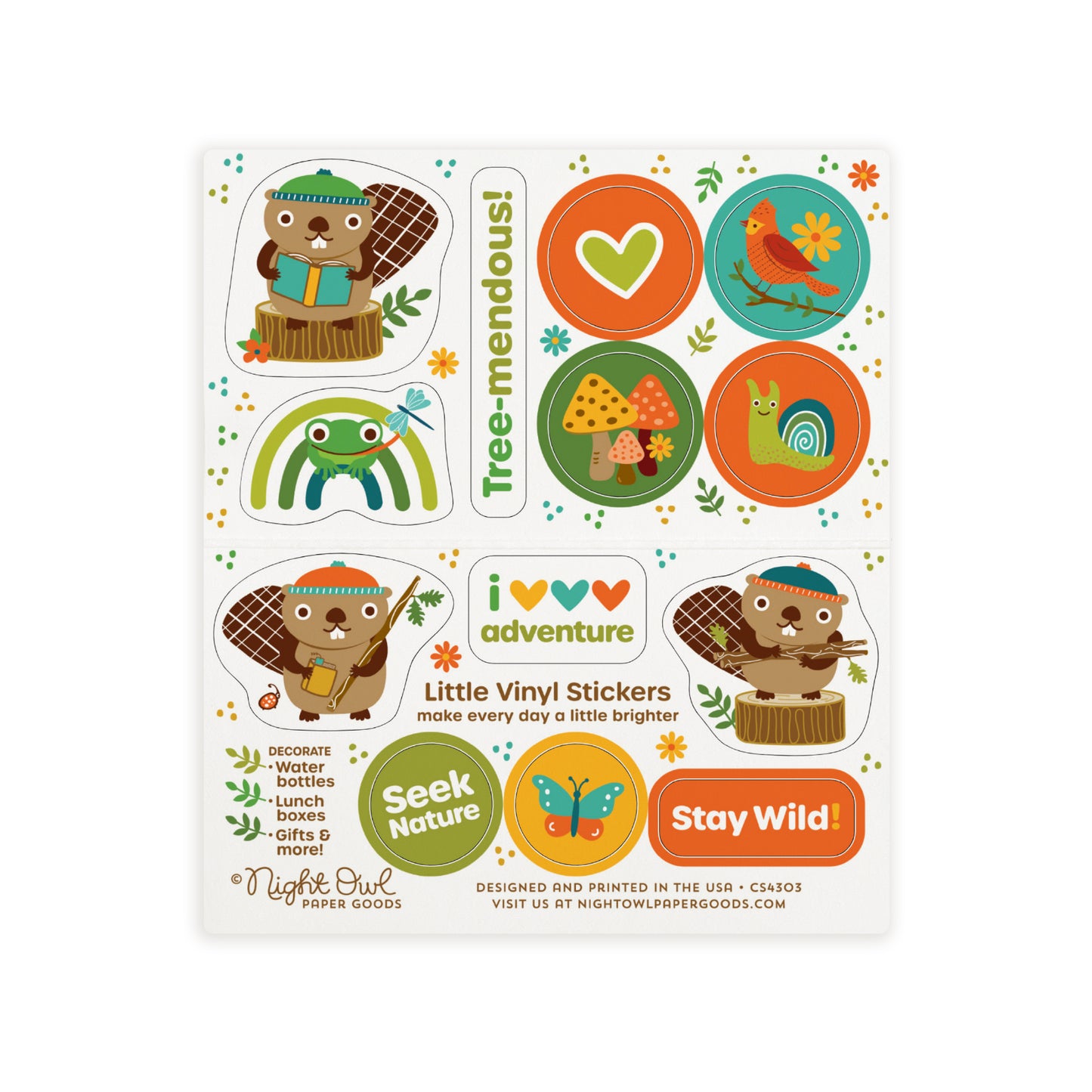 A sheet of cute woodland animal kiss-cut vinyl stickers on a white background. The stickers feature beavers, a frog, a heart, mushrooms, a bird, a snail, a butterfly and sayings like "Tree-mendous," "Seek Nature," and "Stay Wild!" in warm earthy colors like orange, green, brown and gold. Text on the sheet reads "Little Vinyl Stickers - make every day a little brighter - Decorate water bottles, lunch boxes, gifts & more - Night Owl Paper Goods - Designed and printed in the USA"