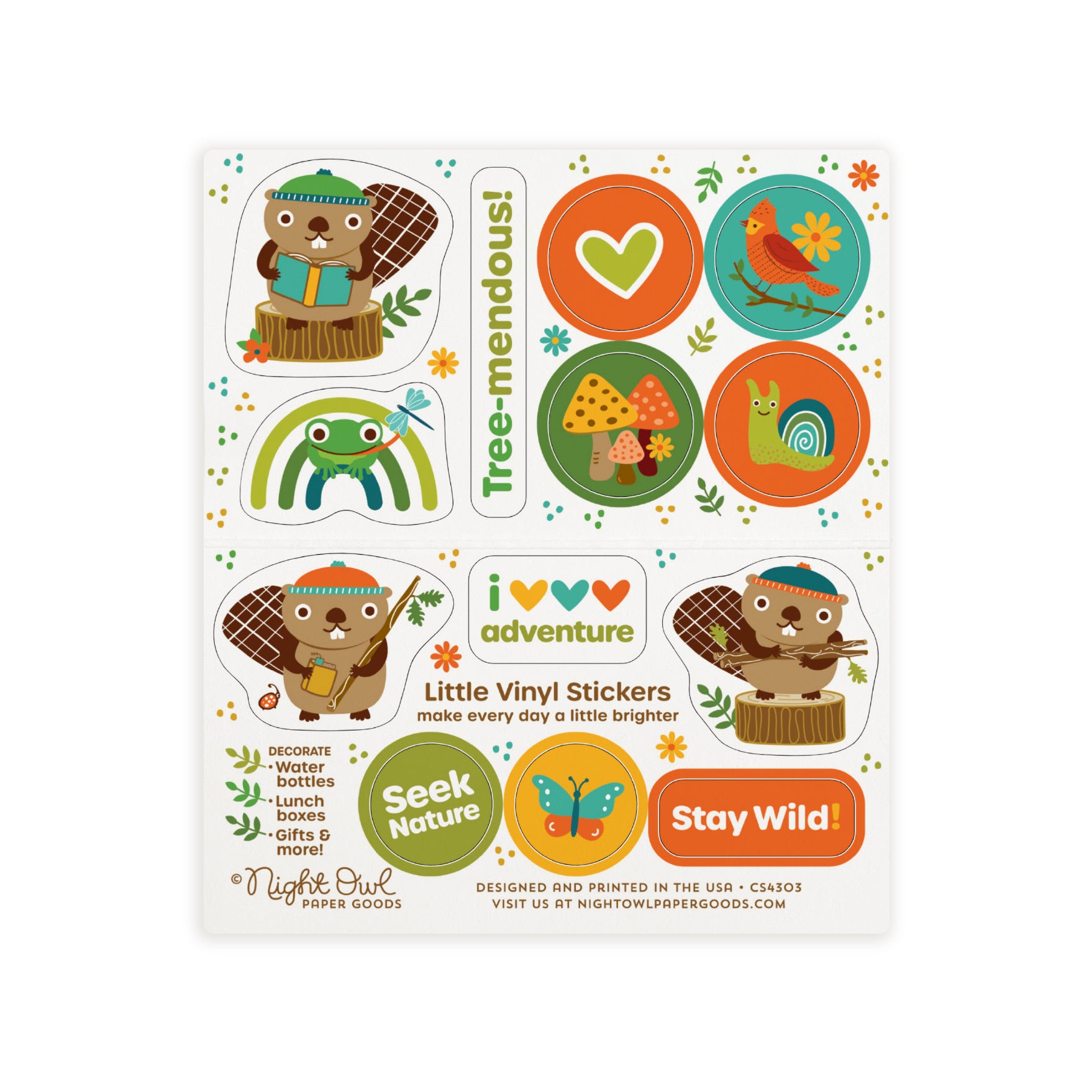 A sheet of cute woodland animal kiss-cut vinyl stickers on a white background. The stickers feature beavers, a frog, a heart, mushrooms, a bird, a snail, a butterfly and sayings like "Tree-mendous," "Seek Nature," and "Stay Wild!" in warm earthy colors like orange, green, brown and gold. Text on the sheet reads "Little Vinyl Stickers - make every day a little brighter - Decorate water bottles, lunch boxes, gifts & more - Night Owl Paper Goods - Designed and printed in the USA"