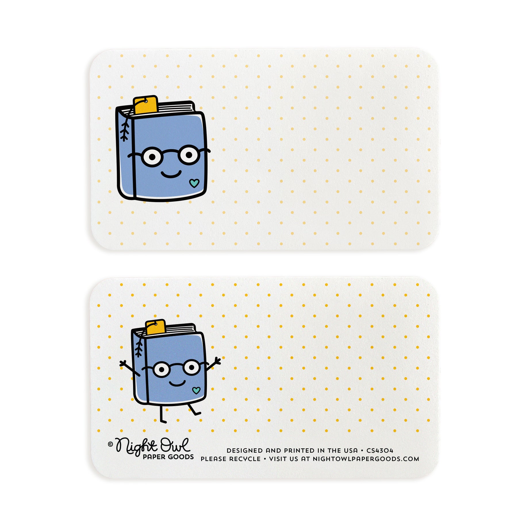 A small white Book Lover note card shown front and back. The front features a cute, smiling blue book wearing glasses on a pale yellow dotted background, while the back features the same book with arms and legs and text reading “Night Owl Paper Goods - Designed and printed in the USA - Please recycle - Visit us at nightowlpapergoods.com.” Both sides include space for a handwritten note.