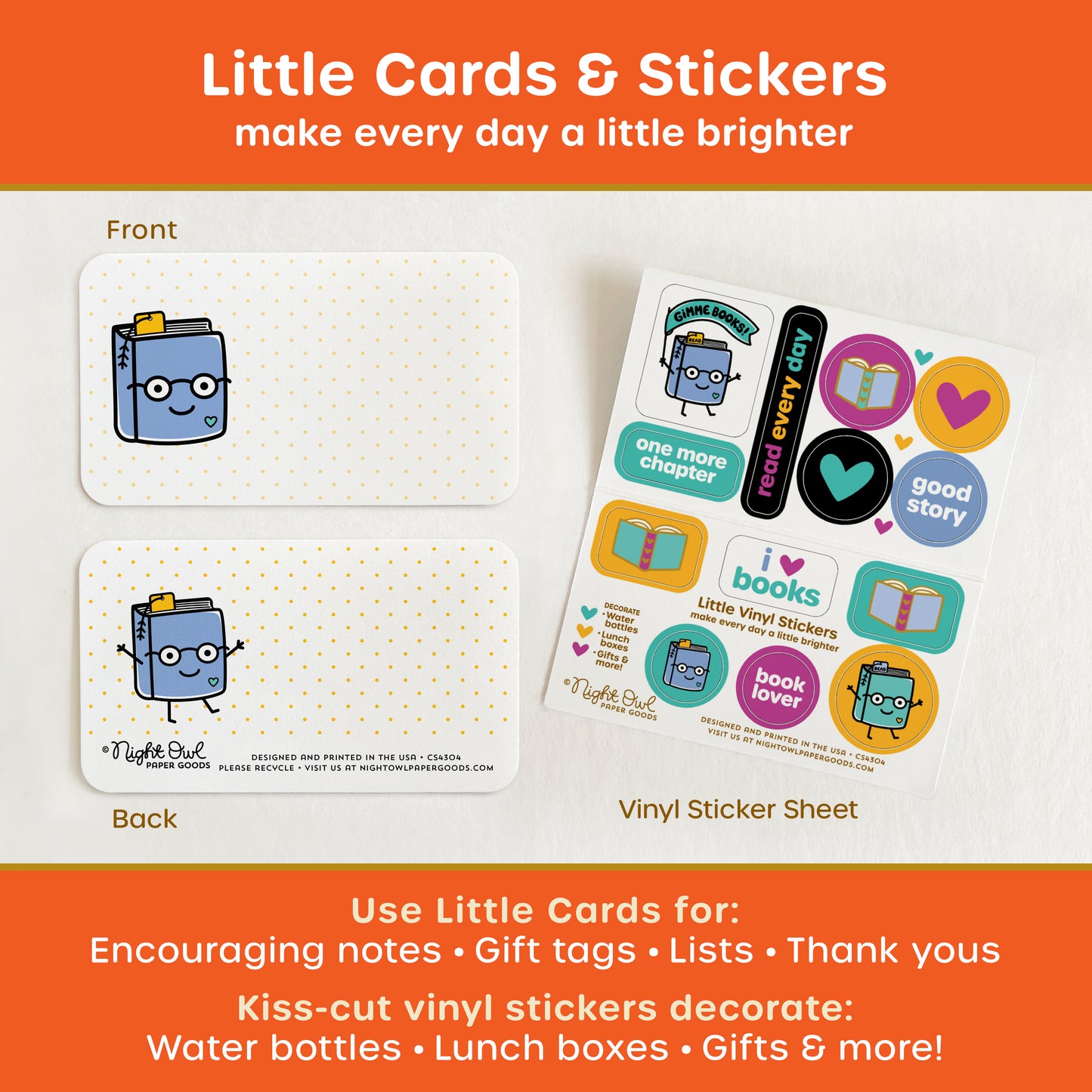 A product display for “Little Cards & Stickers” featuring cute Book Lover mini note cards shown front and back and a coordinating kiss-cut vinyl sticker sheet with colorful book, reading and heart designs. The text surrounding the image reads “Little Cards & Stickers - make every day a little brighter - Use Little Cards for: Encouraging notes, gift tags, lists, thank yous - Kiss-cut vinyl stickers decorate: Water bottles, lunch boxes, gifts & more!”