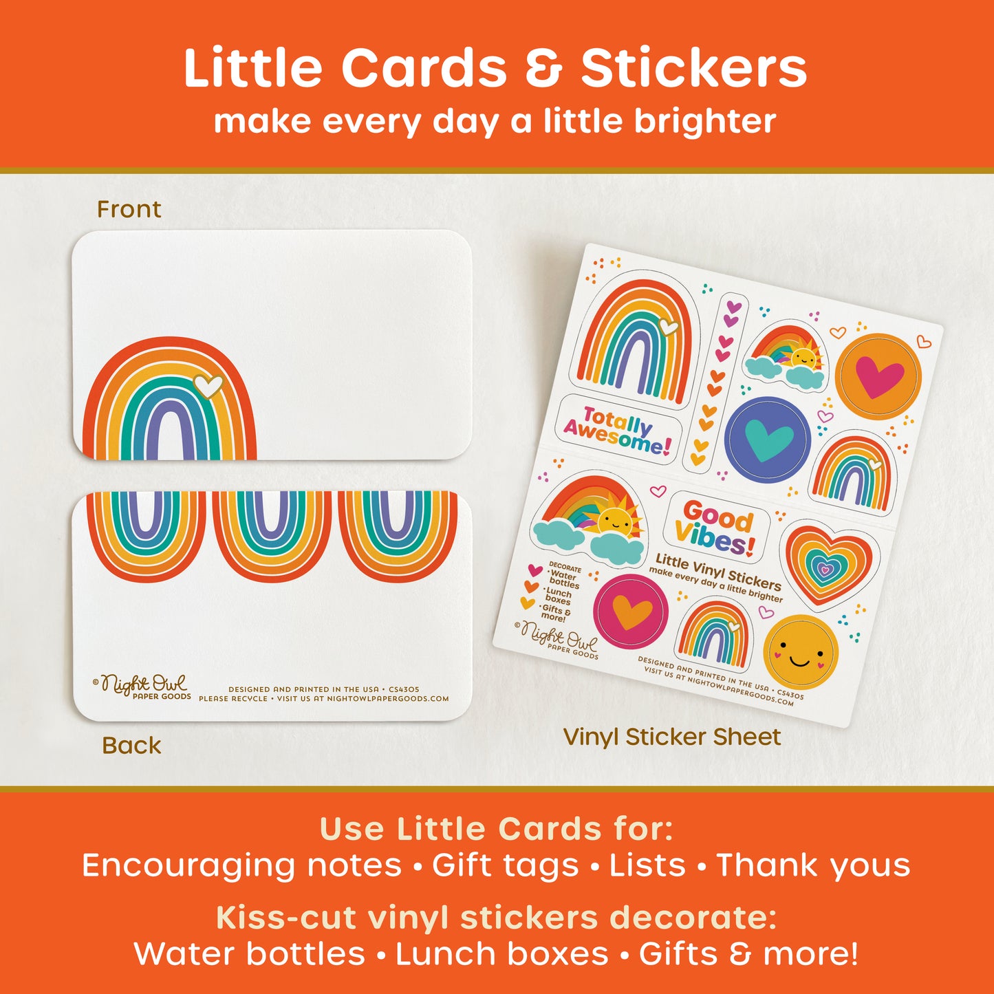 A product display for 'Little Cards & Stickers' featuring colorful rainbow mini note cards shown front and back and a coordinating kiss-cut vinyl sticker sheet with rainbows, hearts, sunshine and cheerful designs. The text surrounding the image reads "Little Cards & Stickers - make every day a little brighter - Use Little Cards for: Encouraging notes, gift tags, lists, thank yous - Kiss-cut vinyl stickers decorate: Water bottles, lunch boxes, gifts & more!"