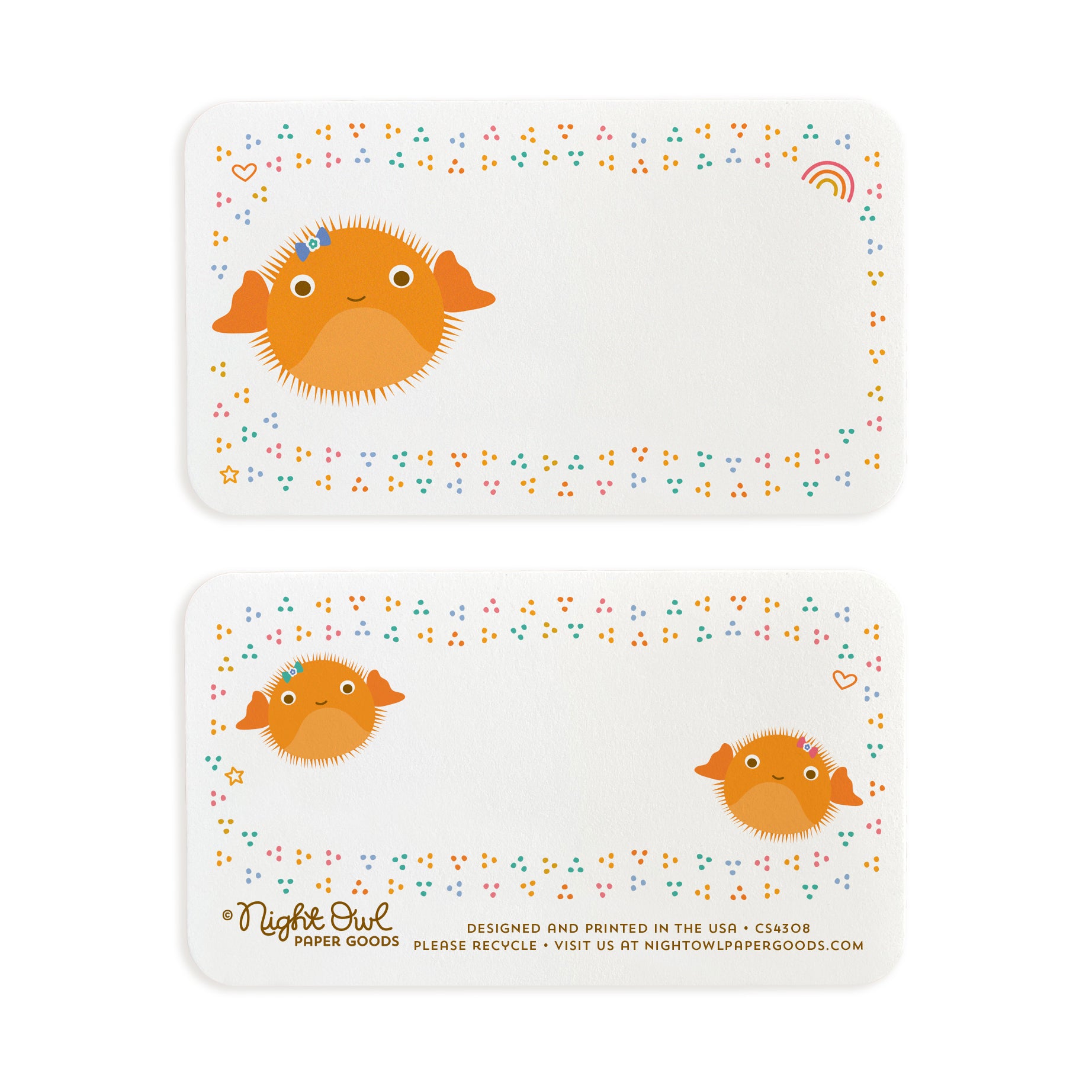 A small white Puffer Fish note card shown front and back. The front features a cute orange puffer fish surrounded by colorful confetti-like dots, a heart, a rainbow and a star, while the back has a coordinating design with two puffer fish and small text at the bottom that reads "Night Owl Paper Goods - Designed and printed in the USA - Please recycle - Visit us at nightowlpapergoods.com." Both sides include space for a handwritten note.
