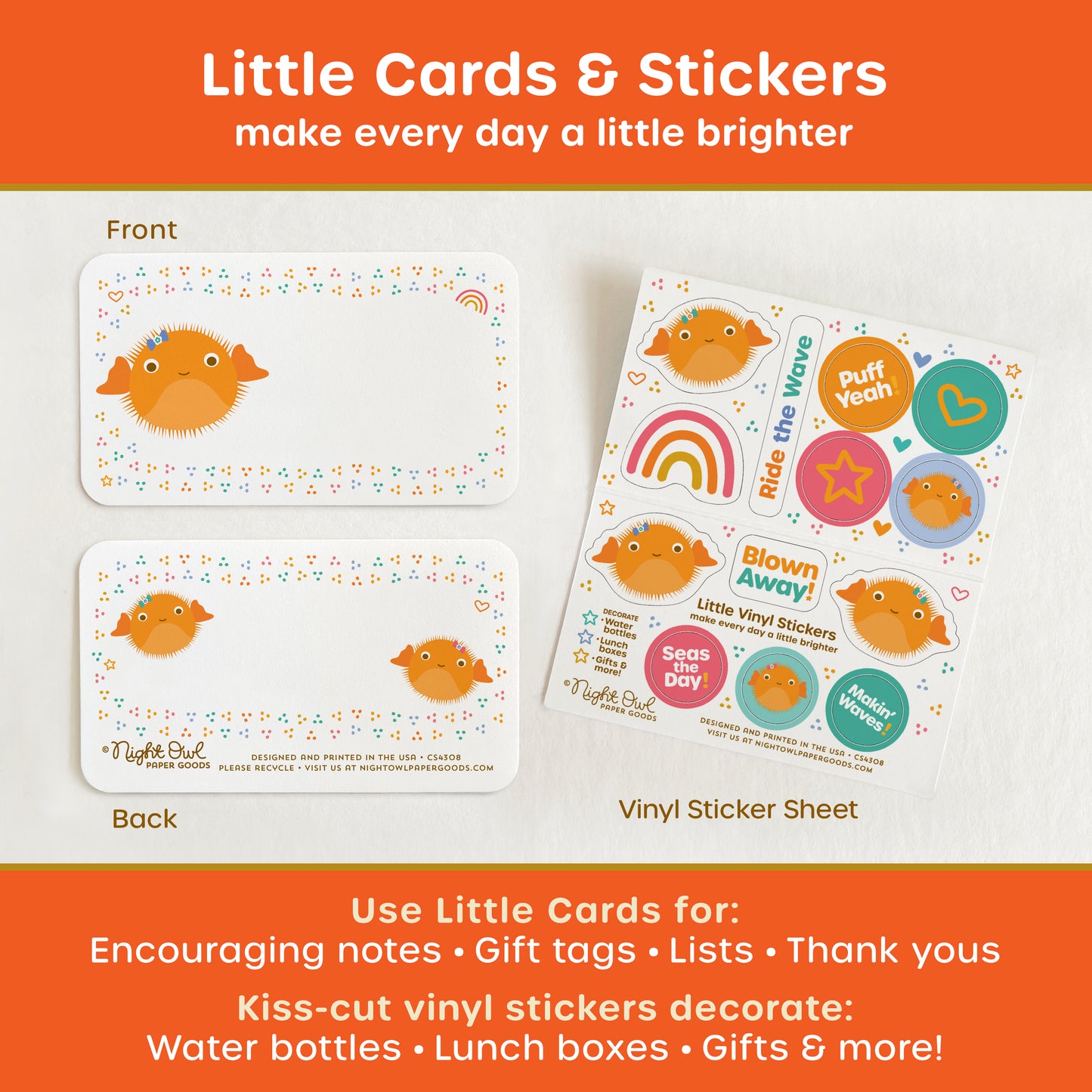 A product display for 'Little Cards & Stickers' featuring cute Puffer Fish mini note cards shown front and back and a coordinating kiss-cut vinyl sticker sheet with cheerful puffer fish, ocean-inspired designs, colorful hearts, stars, a rainbow and playful sayings. The text surrounding the image reads "Little Cards & Stickers - make every day a little brighter - Use Little Cards for: Encouraging notes, gift tags, lists, thank yous - Kiss-cut vinyl stickers decorate: Water bottles, lunch boxes, gifts & more!