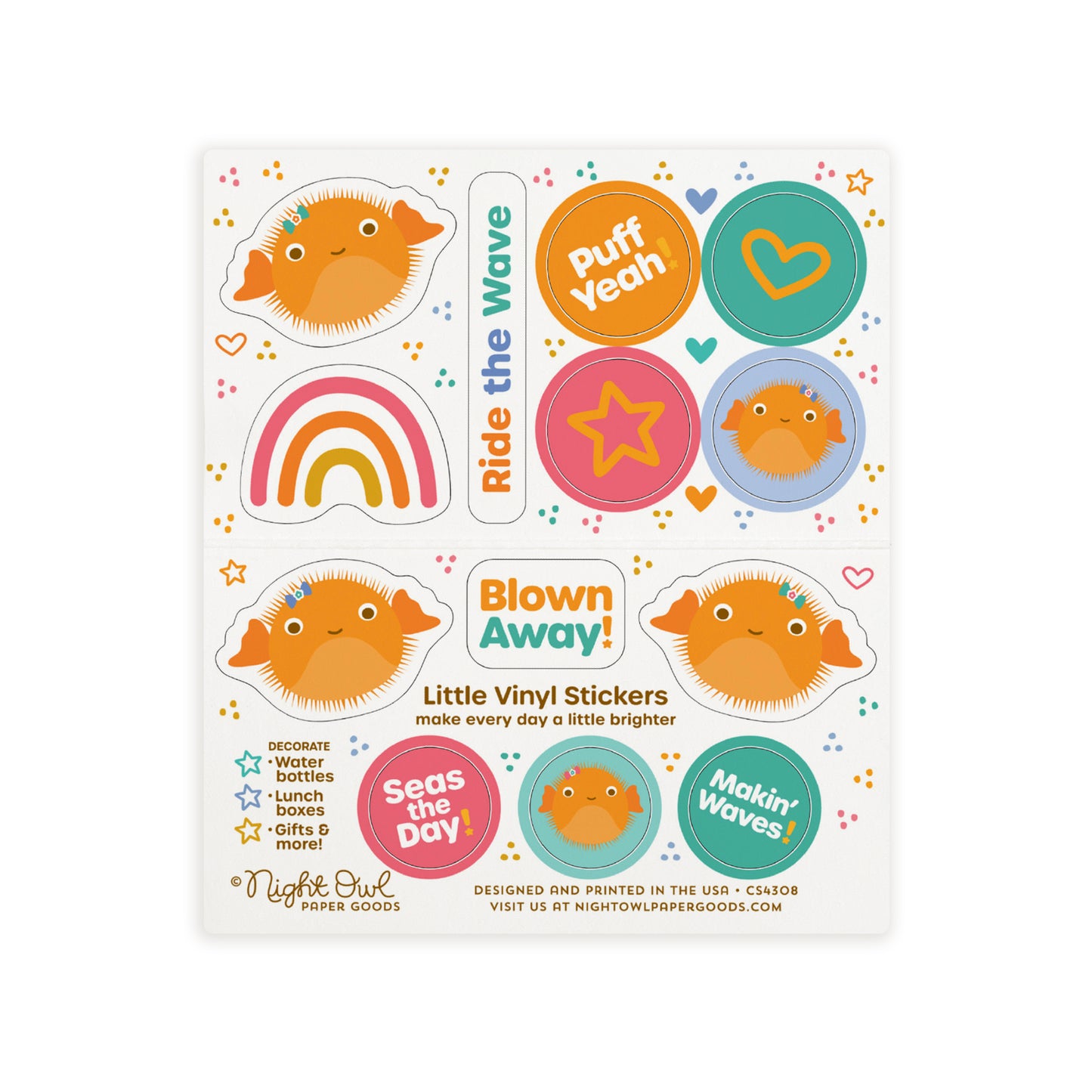 A sheet of cute ocean-themed kiss-cut vinyl stickers on a white background. The stickers feature orange puffer fish, a rainbow, hearts, stars and colorful sayings like "Puff Yeah," "Blown Away!," "Seas the Day!" and "Makin' Waves!" in bright orange, pink, teal, blue and yellow. Text on the sheet reads "Little Vinyl Stickers - make every day a little brighter - Decorate water bottles, lunch boxes, gifts & more - Night Owl Paper Goods - Designed and printed in the USA."