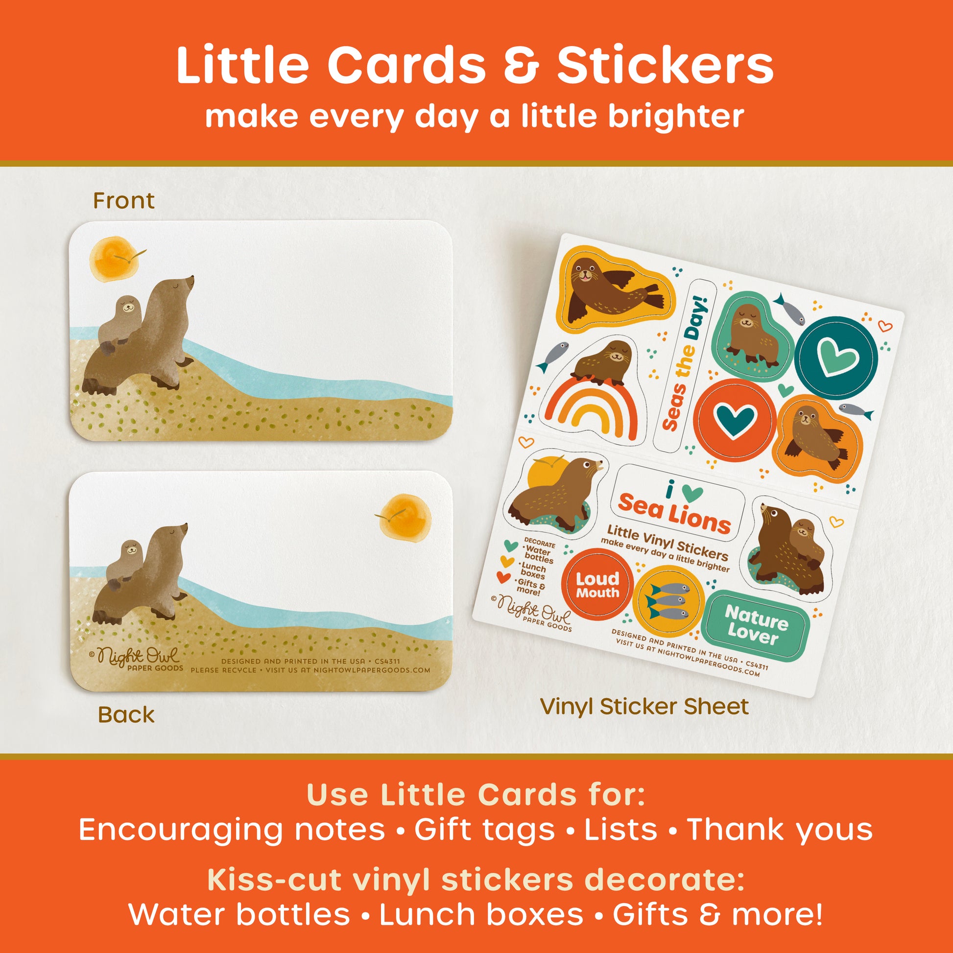 A product display for 'Little Cards & Stickers' featuring cute sea lion mini note cards shown front and back and a coordinating kiss-cut vinyl sticker sheet with various sea lion and ocean designs. The text surrounding the image reads "Little Cards & Stickers - make every day a little brighter - Use Little Cards for: Encouraging notes, gift tags, lists, thank yous - Kiss-cut vinyl stickers decorate: Water bottles, lunch boxes, gifts & more!"