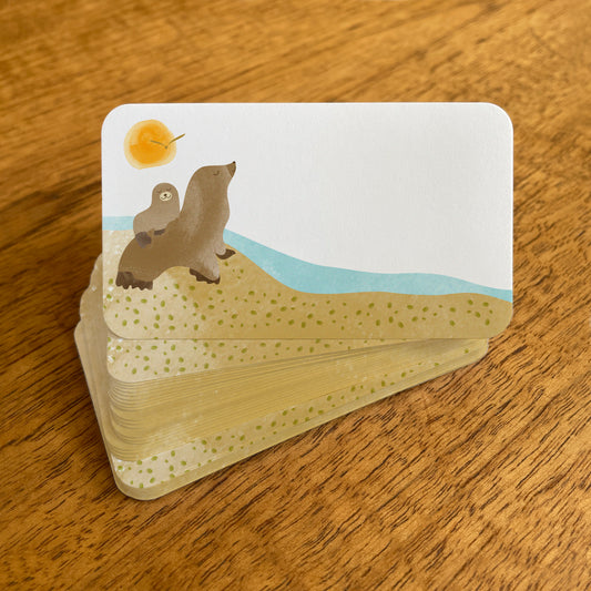 A stack of small white Sea Lions note cards with rounded corners, featuring cute sea lions on a sandy beach beside blue ocean water with a golden sun overhead.