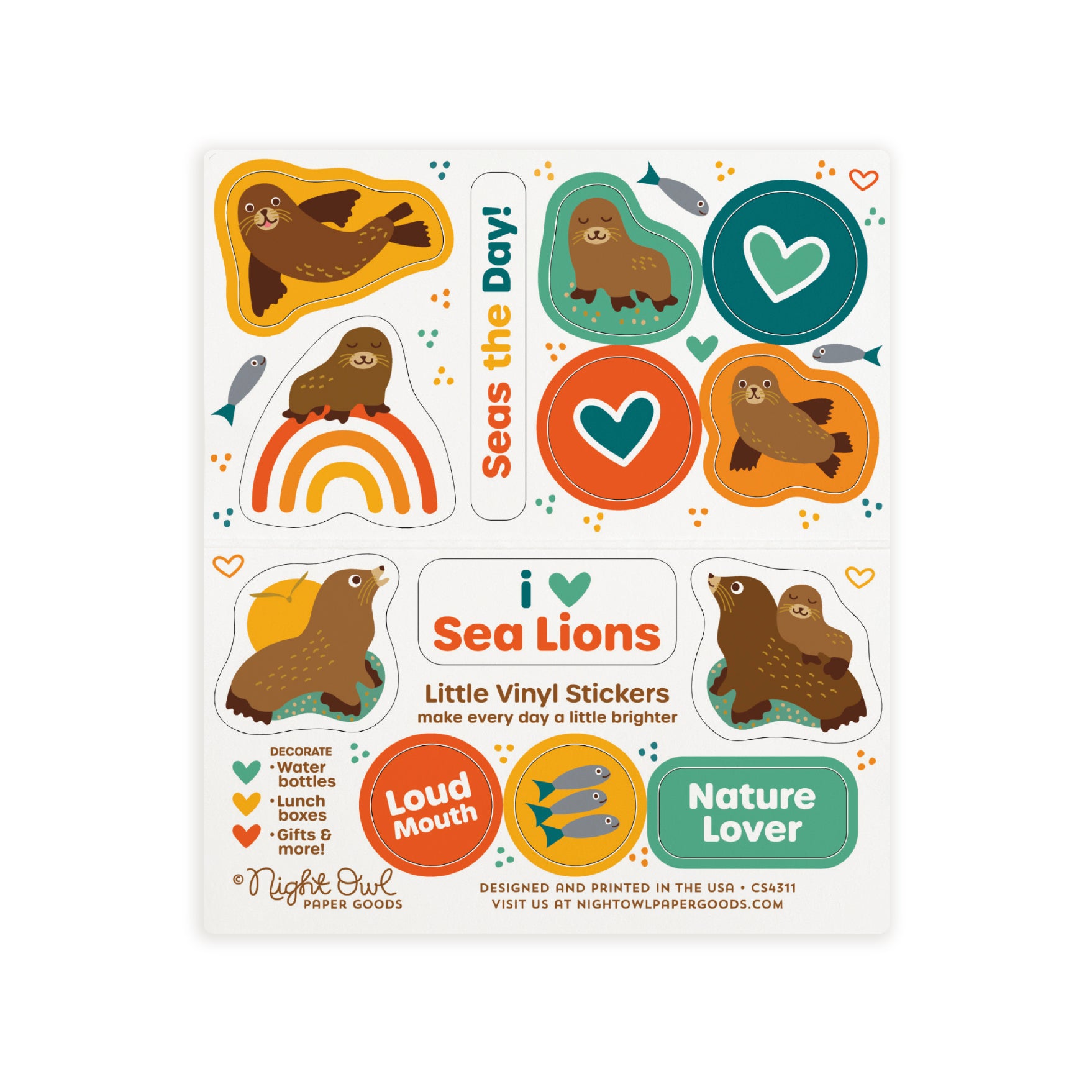 A sheet of cute ocean-themed kiss-cut vinyl stickers on a white background. The stickers feature sea lions, fish, hearts and a rainbow, along with sayings like "Seas the Day!", "I Love Sea Lions," "Loud Mouth" and "Nature Lover" in colorful shades of teal, orange, yellow and green. Text on the sheet reads "Little Vinyl Stickers - make every day a little brighter - Decorate water bottles, lunch boxes, gifts & more - Night Owl Paper Goods - Designed and printed in the USA"
