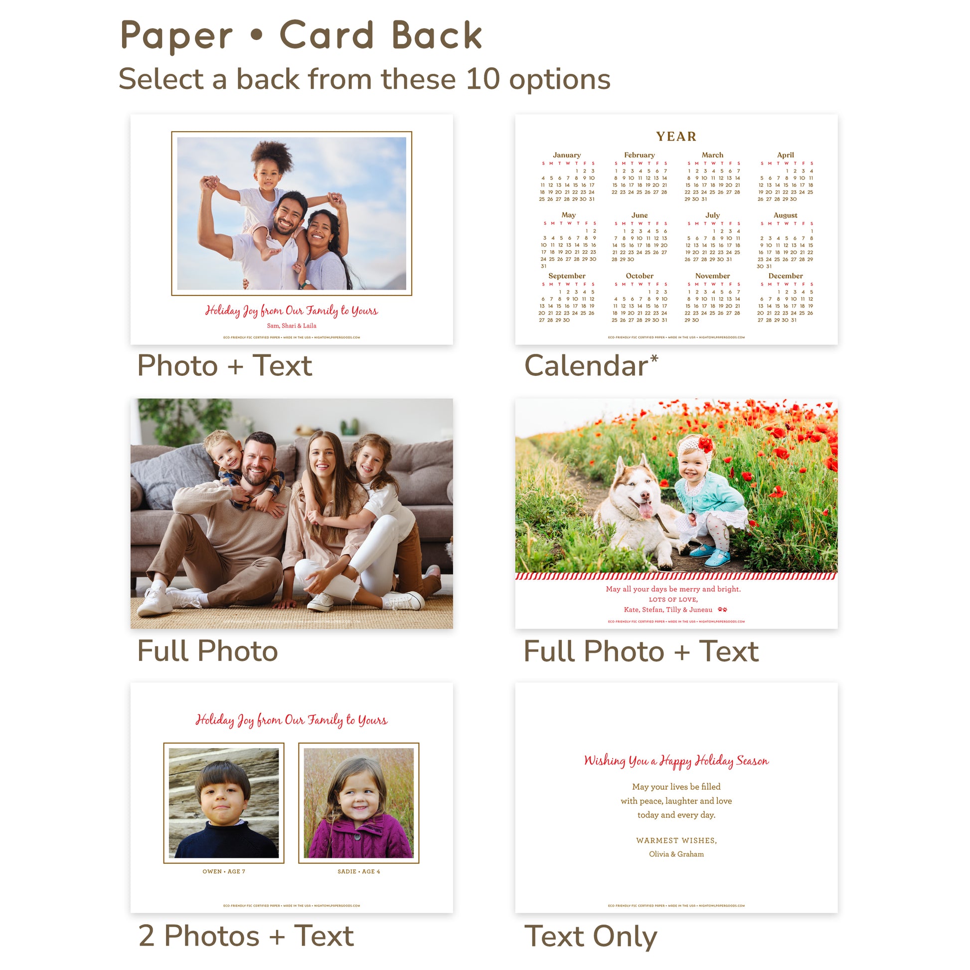 Custom Paper Holiday Card Back Options - Select a back from these 10 options: Photo + Text, Calendar with next year's dates, Full Photo, Full Photo + Text, 2 Photos + Text, Text Only