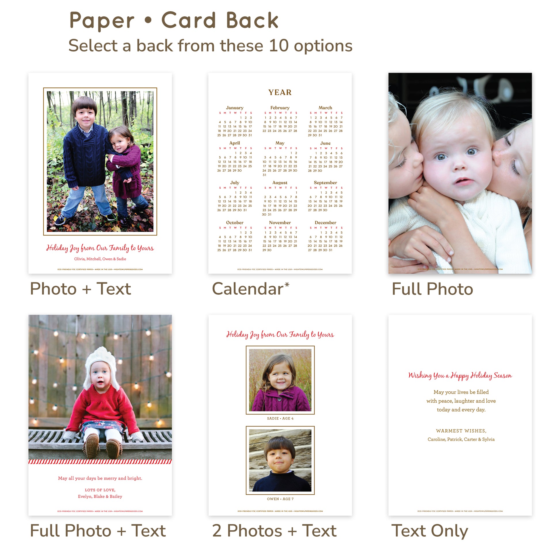 Custom Paper Holiday Card Back Options - Select a back from these 10 options: Photo + Text, Calendar with next year's dates, Full Photo, Full Photo + Text, 2 Photos + Text, Text Only