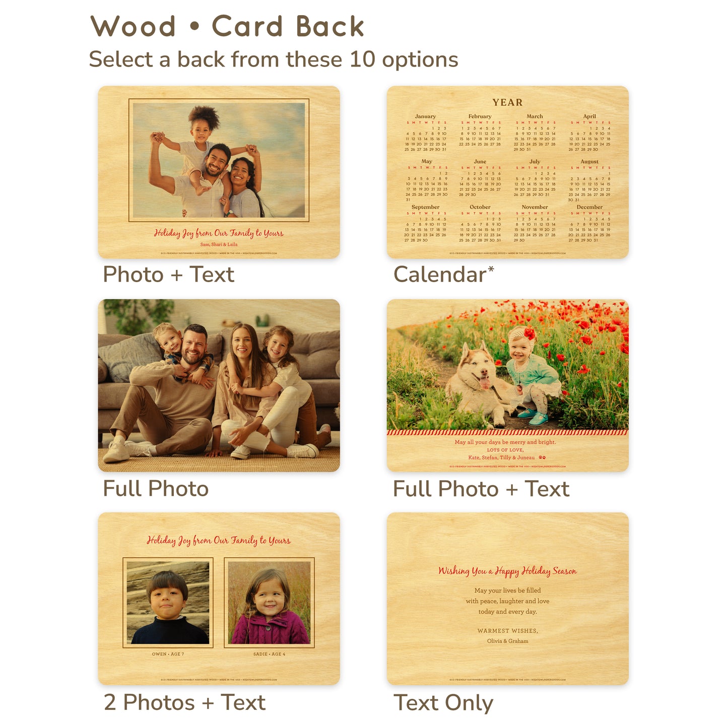 Custom Wood Holiday Card Back Options - Select a back from these 10 options: Photo + Text, Calendar with next year's dates, Full Photo, Full Photo + Text, 2 Photos + Text, Text Only