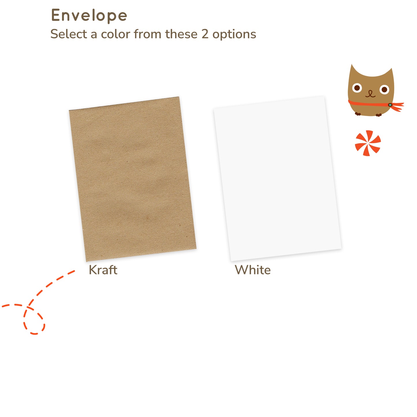 Two envelope options, Kraft and White, with an illustrated owl on a white background.