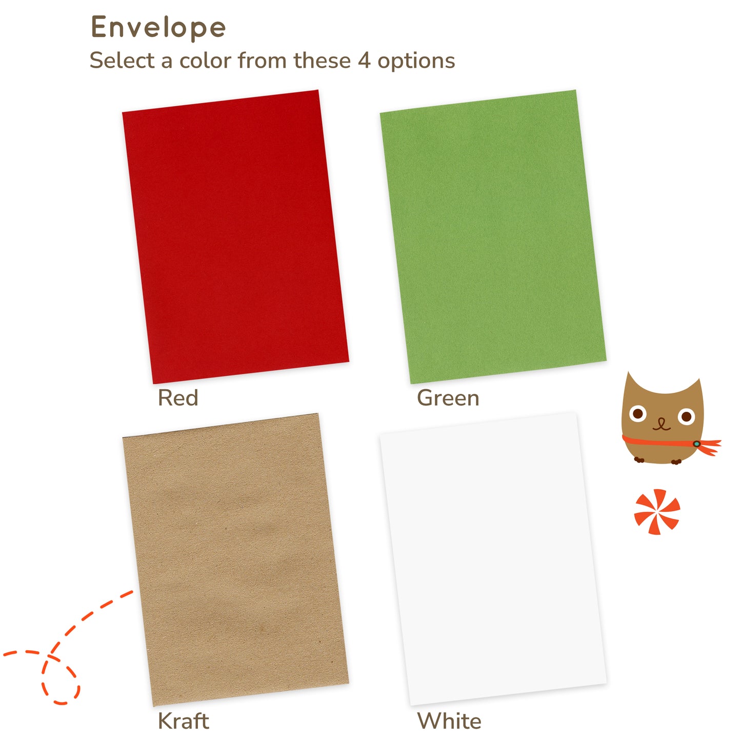 Envelope - Select a color from these 4 options: red, green, kraft and white for custom holiday cards.