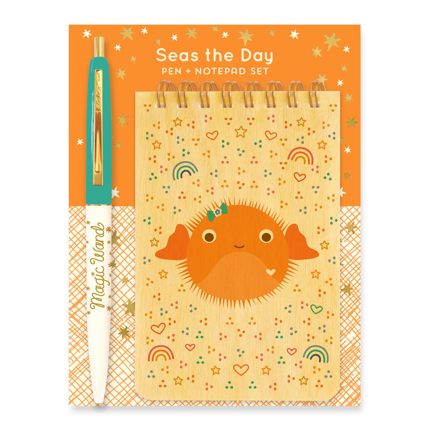 Gift Set that includes a Puffer Fish Wood Mini Notepad + Magic Wand ballpoint pen mounted on an orange backer card with white and gold foil stars.